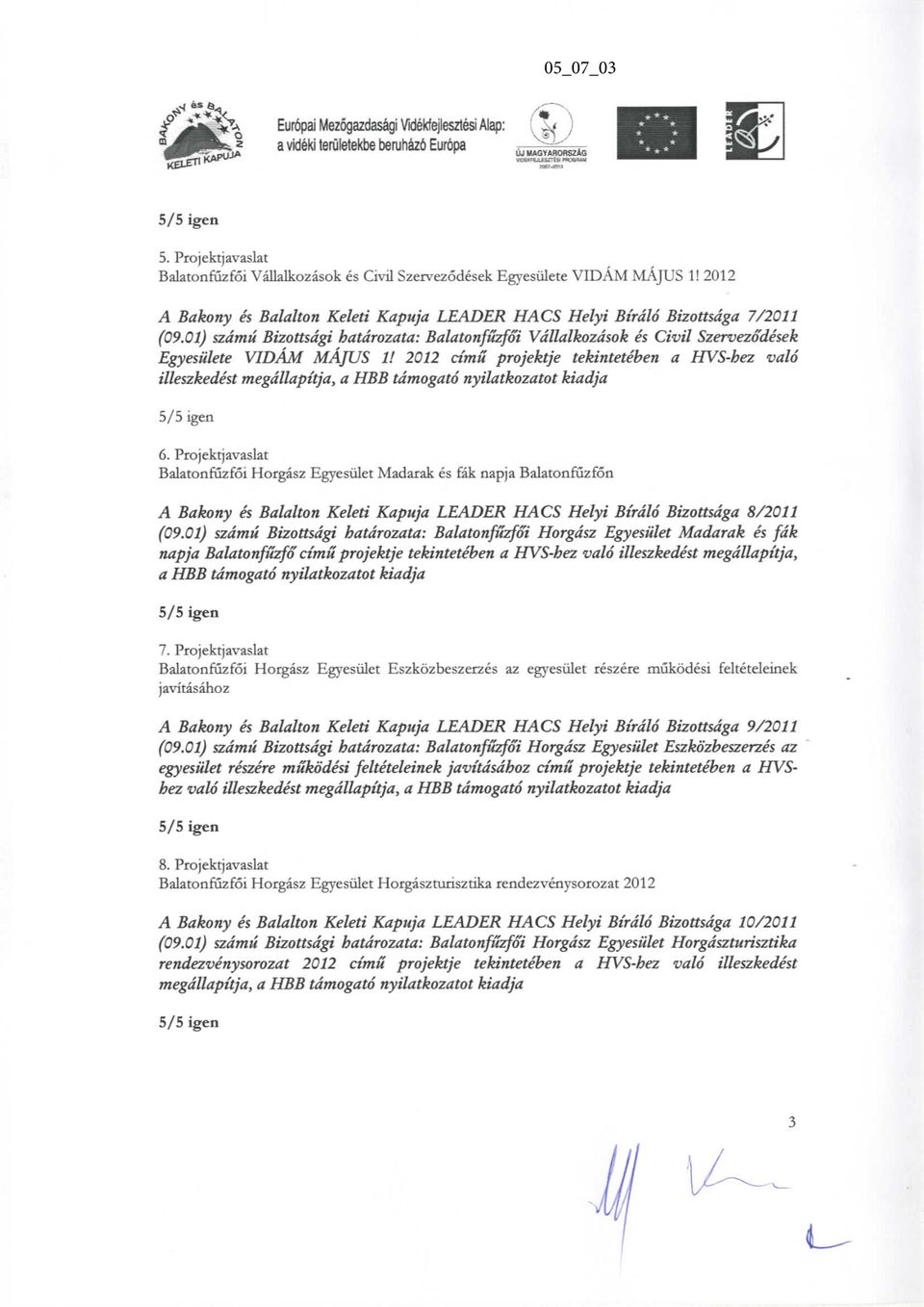 01) szamu Bizottsdgi hatdrozata: Balatonfuzfoi Vallalkozdsok es Civil Szervezodesek Egyesulete VIDAM MAJUS It 2012 cimu projektje tekinteteben a HVS-hez valo illeszkedest megdllapttja, a HBB tdmogato