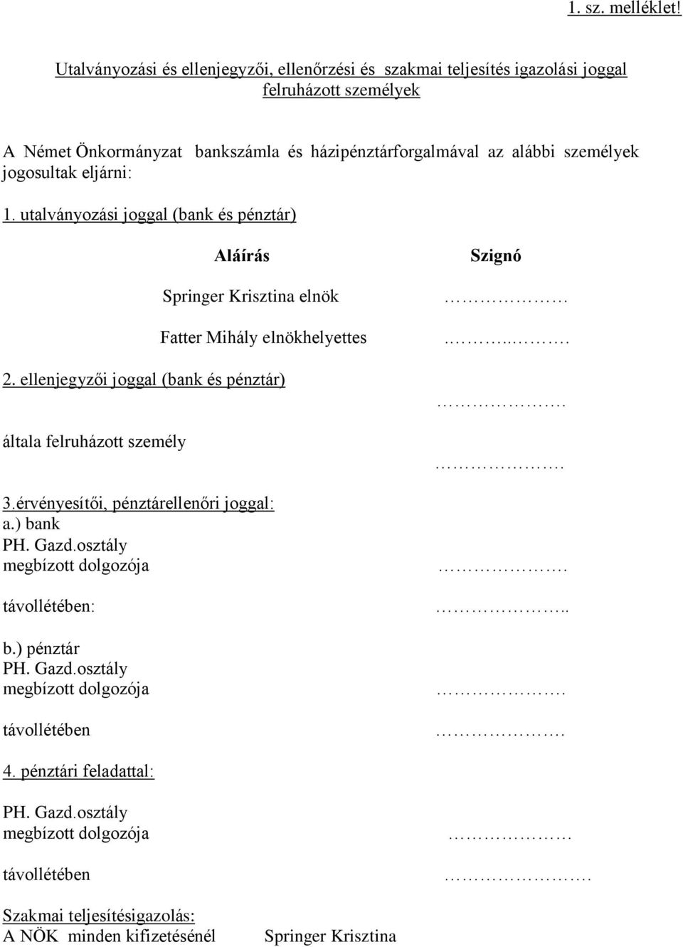 személyek jogosultak eljárni: 1. utalványozási joggal (bank és pénztár) Aláírás Springer Krisztina elnök Fatter Mihály elnökhelyettes 2.