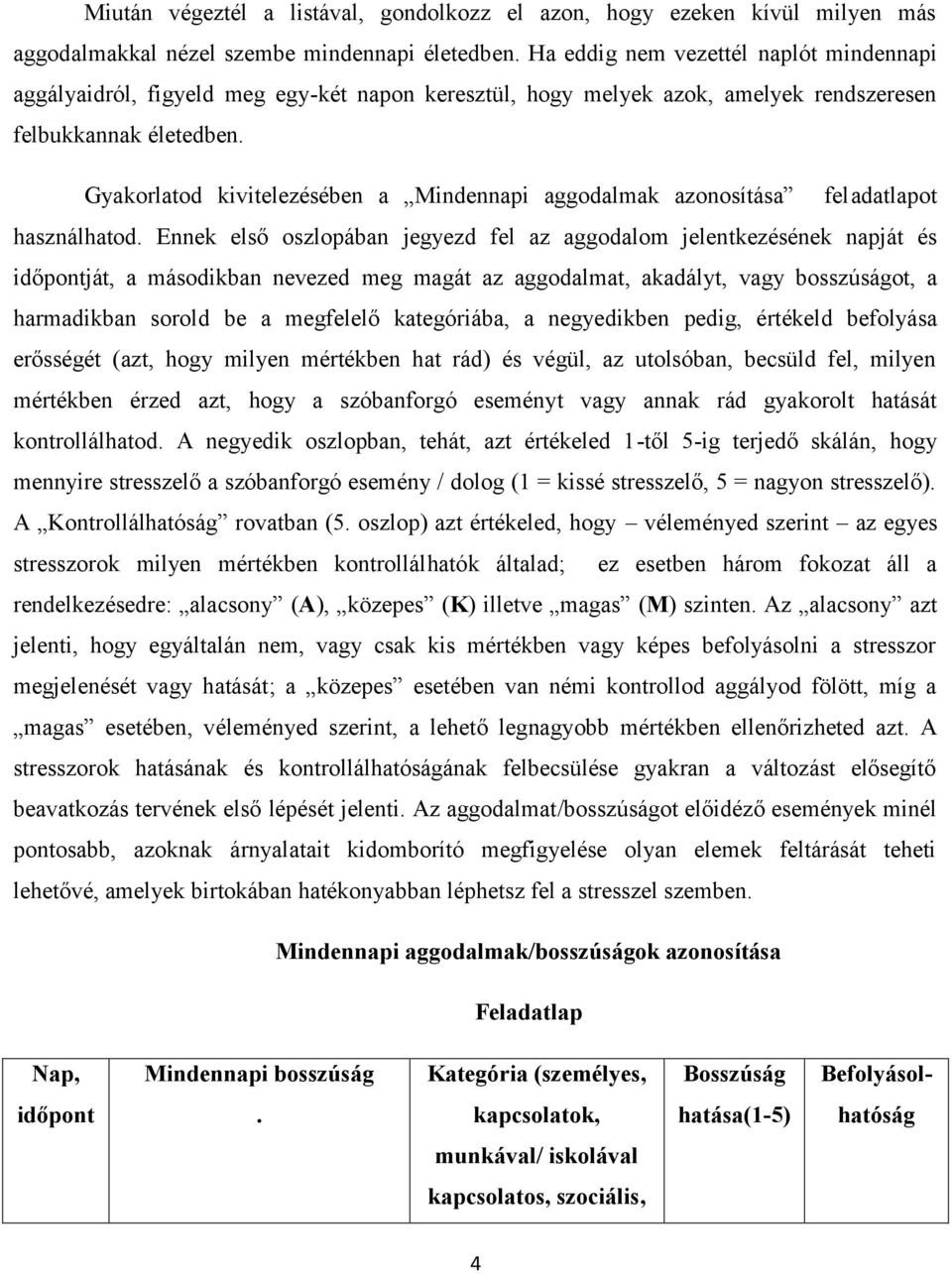 Gyakorlatod kivitelezésében a Mindennapi aggodalmak azonosítása feladatlapot használhatod.