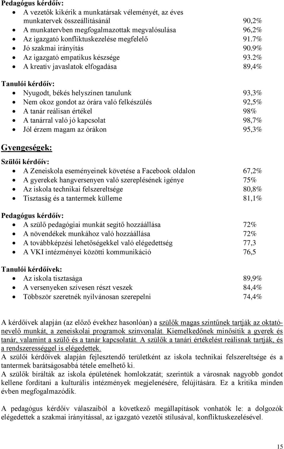 2% A kreatív javaslatok elfogadása 89,4% Tanulói kérdőív: Nyugodt, békés helyszínen tanulunk 93,3% Nem okoz gondot az órára való felkészülés 92,5% A tanár reálisan értékel 98% A tanárral való jó