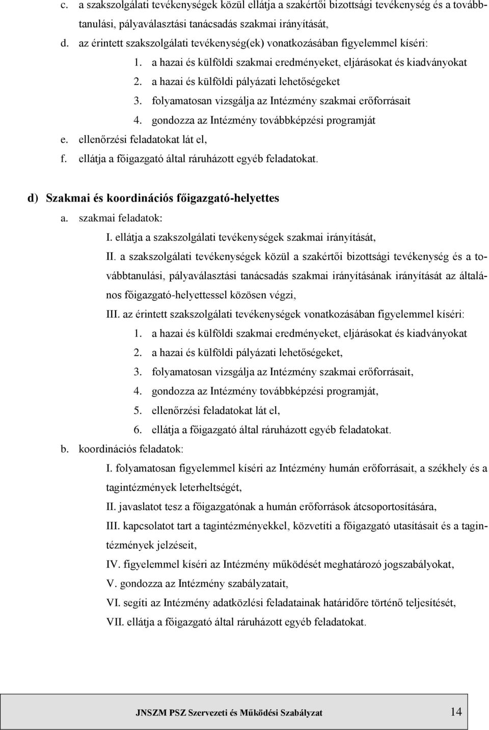 folyamatosan vizsgálja az Intézmény szakmai erőforrásait 4. gondozza az Intézmény továbbképzési programját e. ellenőrzési feladatokat lát el, f.