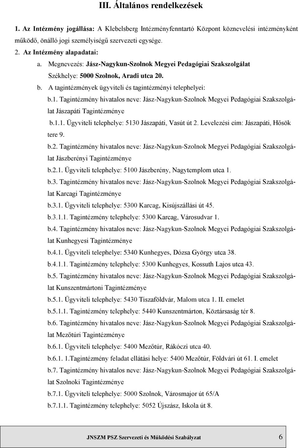 Tagintézmény hivatalos neve: Jász-Nagykun-Szolnok Megyei Pedagógiai Szakszolgálat Jászapáti Tagintézménye b.1.1. Ügyviteli telephelye: 5130 Jászapáti, Vasút út 2.