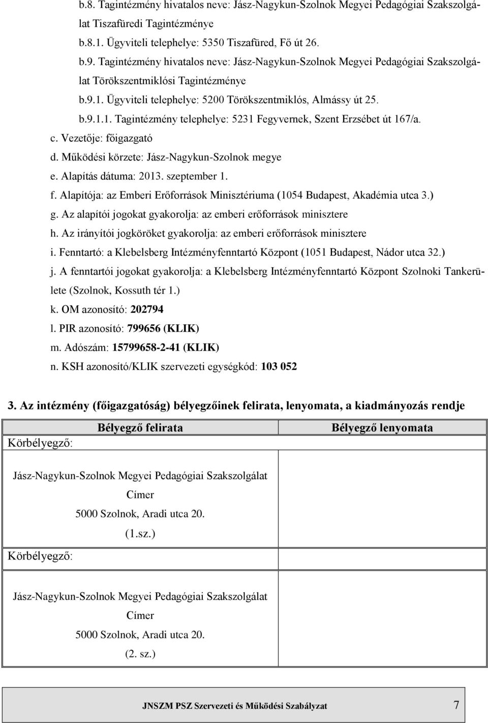 c. Vezetője: főigazgató d. Működési körzete: Jász-Nagykun-Szolnok megye e. Alapítás dátuma: 2013. szeptember 1. f. Alapítója: az Emberi Erőforrások Minisztériuma (1054 Budapest, Akadémia utca 3.) g.