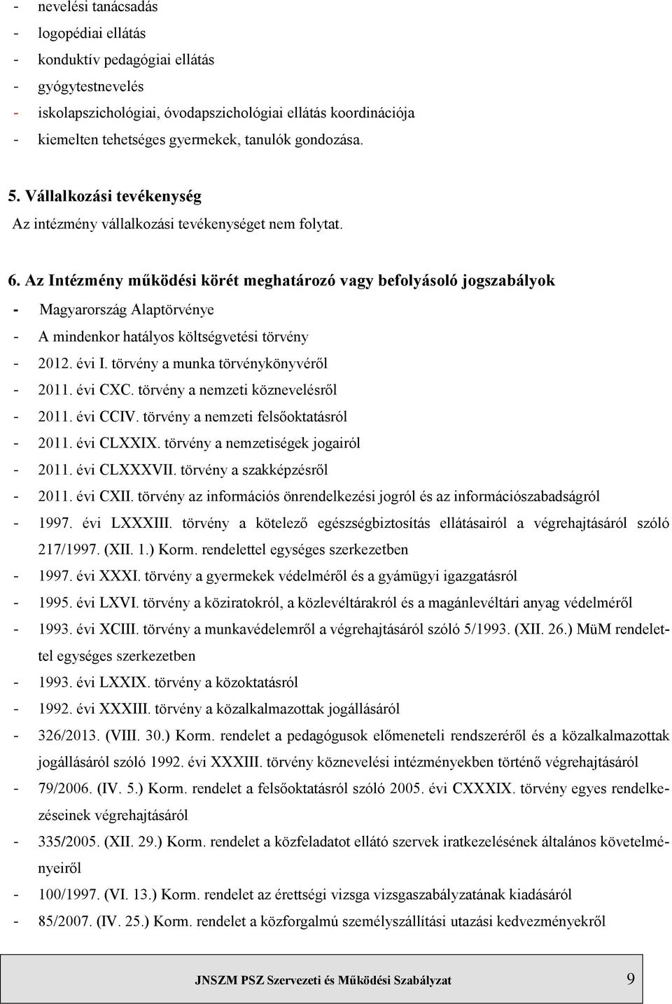 Az Intézmény működési körét meghatározó vagy befolyásoló jogszabályok - Magyarország Alaptörvénye - A mindenkor hatályos költségvetési törvény - 2012. évi I. törvény a munka törvénykönyvéről - 2011.