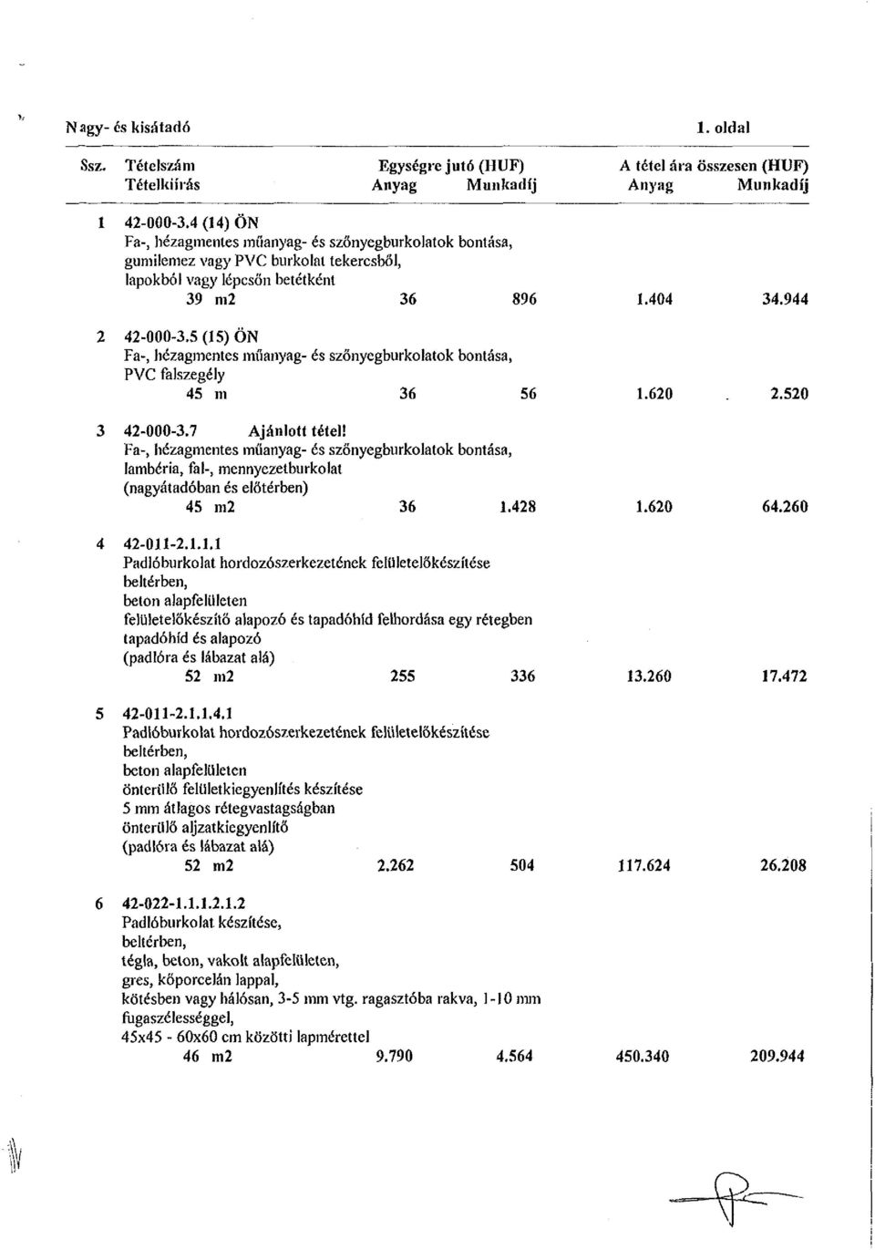 5 (15) ÖN Fa-, hézagmentes műanyag- és szőnyegburkolatok bontása, PVC falszegély 45 m 36 56 3 42-000-3.7 Ajánlott tétel!