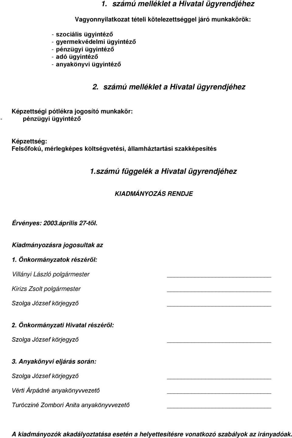 számú függelék a Hivatal ügyrendjéhez KIADMÁNYOZÁS RENDJE Érvényes: 2003.április 27-től. Kiadmányozásra jogosultak az 1.