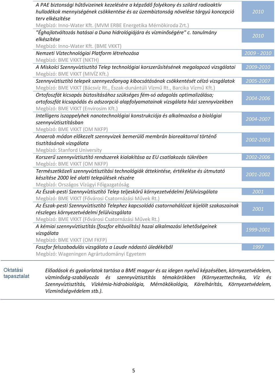 (BME VKKT) Nemzeti Víztechnológiai Platform létrehozása 2009-2010 Megbízó: BME VKKT (NKTH) A Miskolci Szennyvíztisztító Telep technológiai korszerűsítésének megalapozó vizsgálatai 2009-2010 Megbízó: