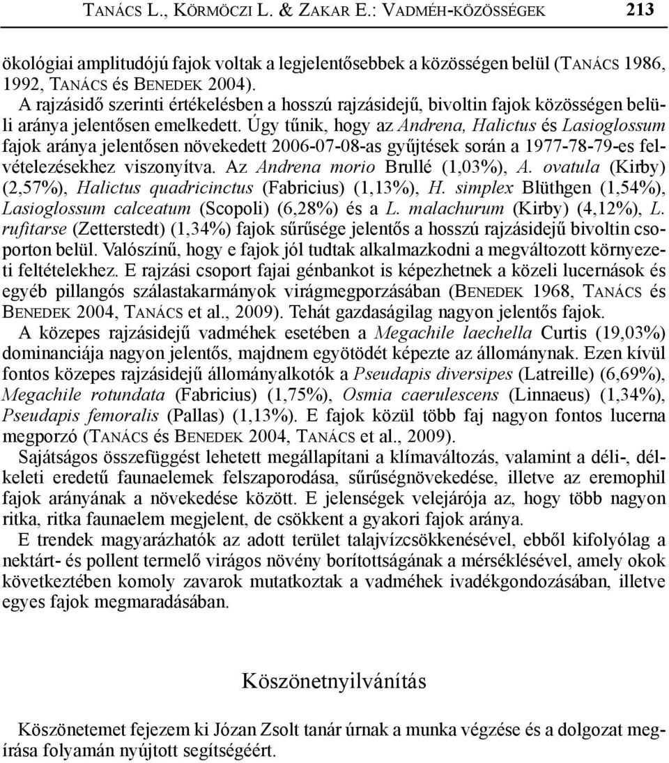 Úgy tűnik, hogy az Andrena, Halictus és Lasioglossum fajok aránya jelentősen növekedett 2006-07-08-as gyűjtések során a 1977-78-79-es felvételezésekhez viszonyítva. Az Andrena morio Brullé (1,03%), A.