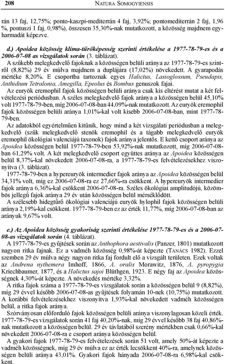 A szűkebb melegkedvelő fajoknak a közösségen belüli aránya az 1977-78-79-es szintről (8,82%) 29 év múlva majdnem a duplájára (17,02%) növekedett. A gyarapodás mértéke 8,20%.