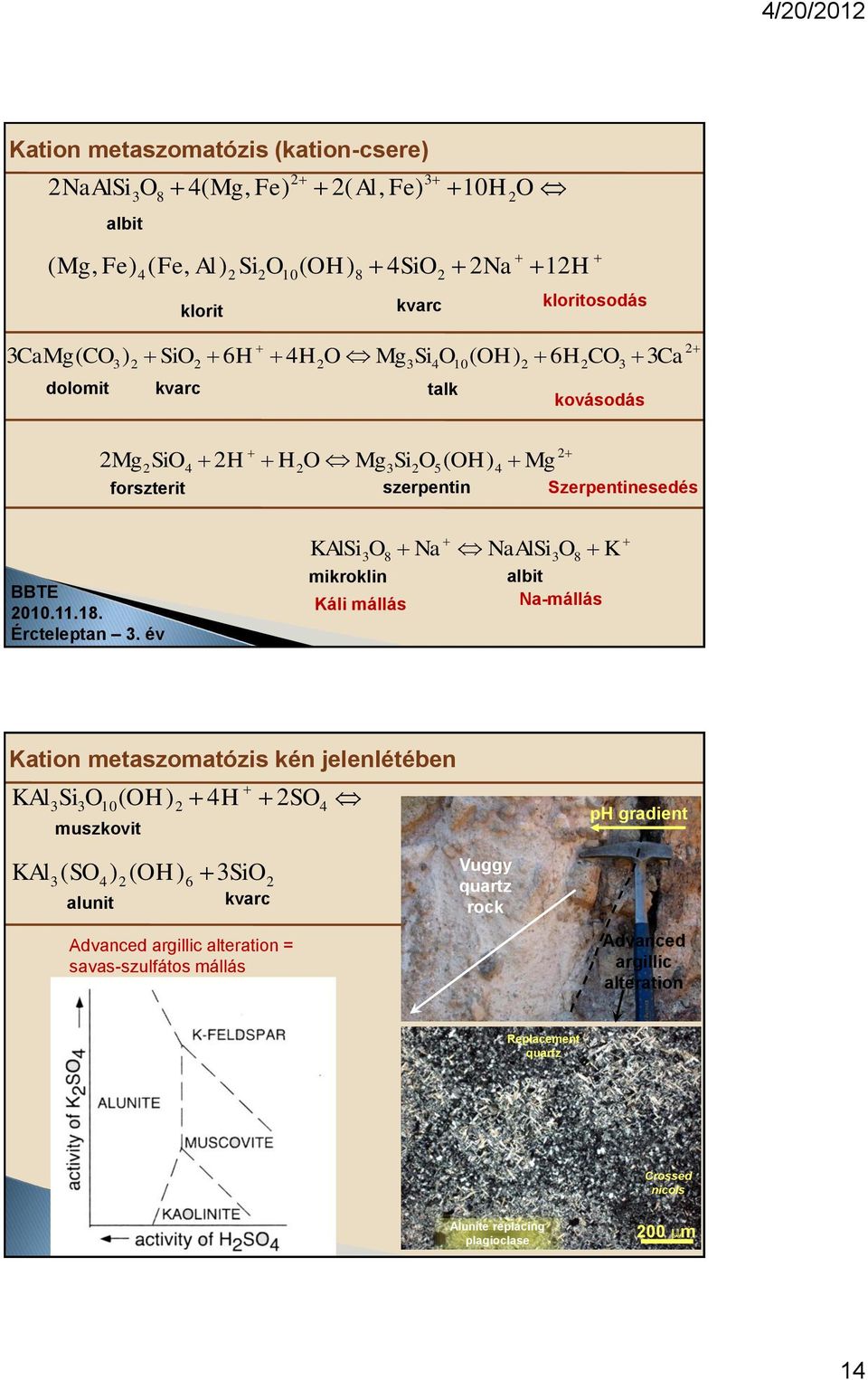 KAlSi 3O8 Na NaAlSi 3O8 K mikroklin albit Káli mállás Na-mállás Kation metaszomatózis kén jelenlétében KAl Si O 3 3 10 muszkovit ( OH) 4H SO 4 ph gradient KAl ( SO 3 4 alunit