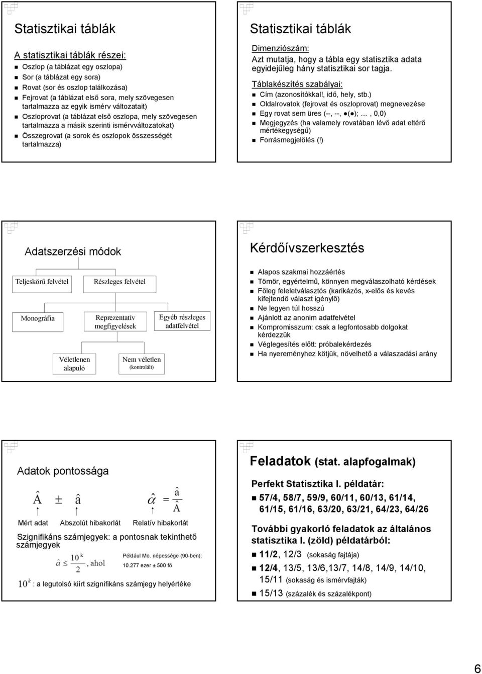 tartalmazza) Statisztikai táblák Dimenziószám: Azt mutatja, hogy a tábla egy statisztika adata egyidejűleg hány statisztikai sor tagja. Táblakészítés szabályai: Cím (azonosítókkal!, idő, hely, stb.