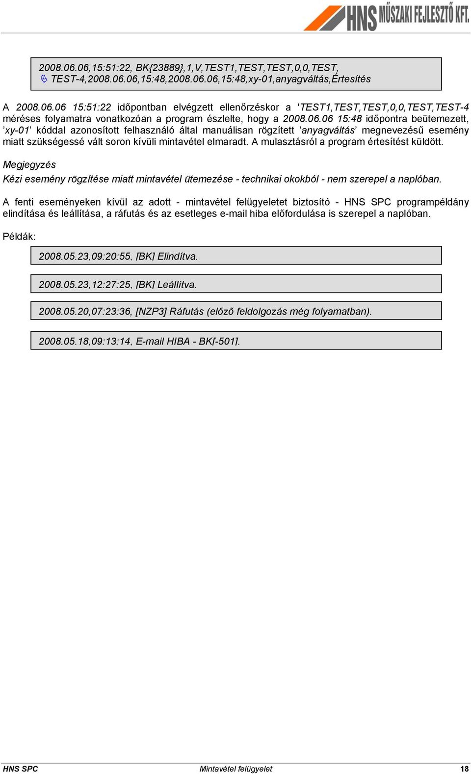 A mulasztásról a program értesítést küldött. Megjegyzés Kézi esemény rögzítése miatt mintavétel ütemezése - technikai okokból - nem szerepel a naplóban.