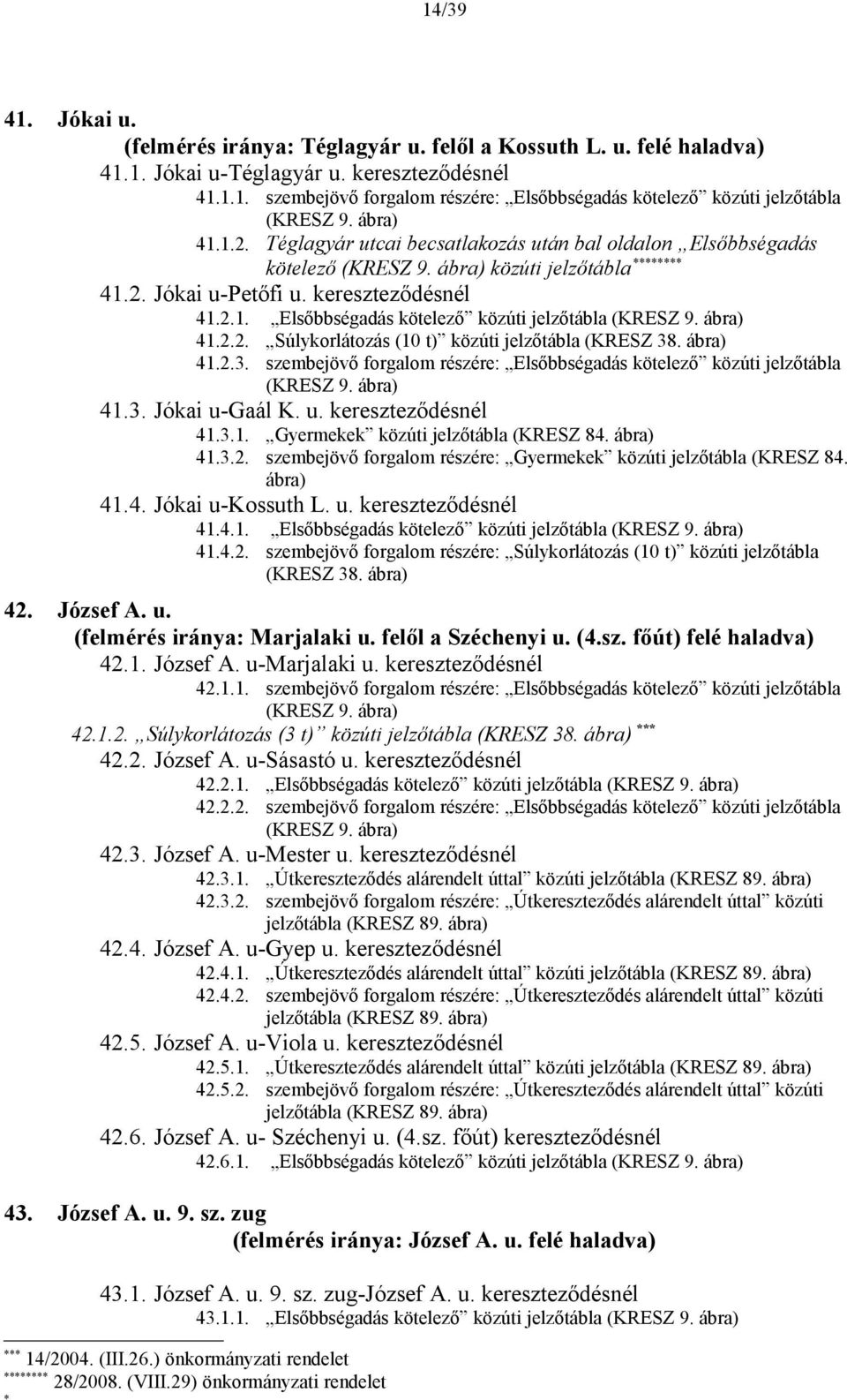 41.2.2. Súlykorlátozás (10 t) közúti jelzőtábla (KRESZ 38. 41.2.3. szembejövő forgalom részére: Elsőbbségadás kötelező közúti jelzőtábla (KRESZ 9. 41.3. Jókai u-gaál K. u. kereszteződésnél 41.3.1. Gyermekek közúti jelzőtábla (KRESZ 84.