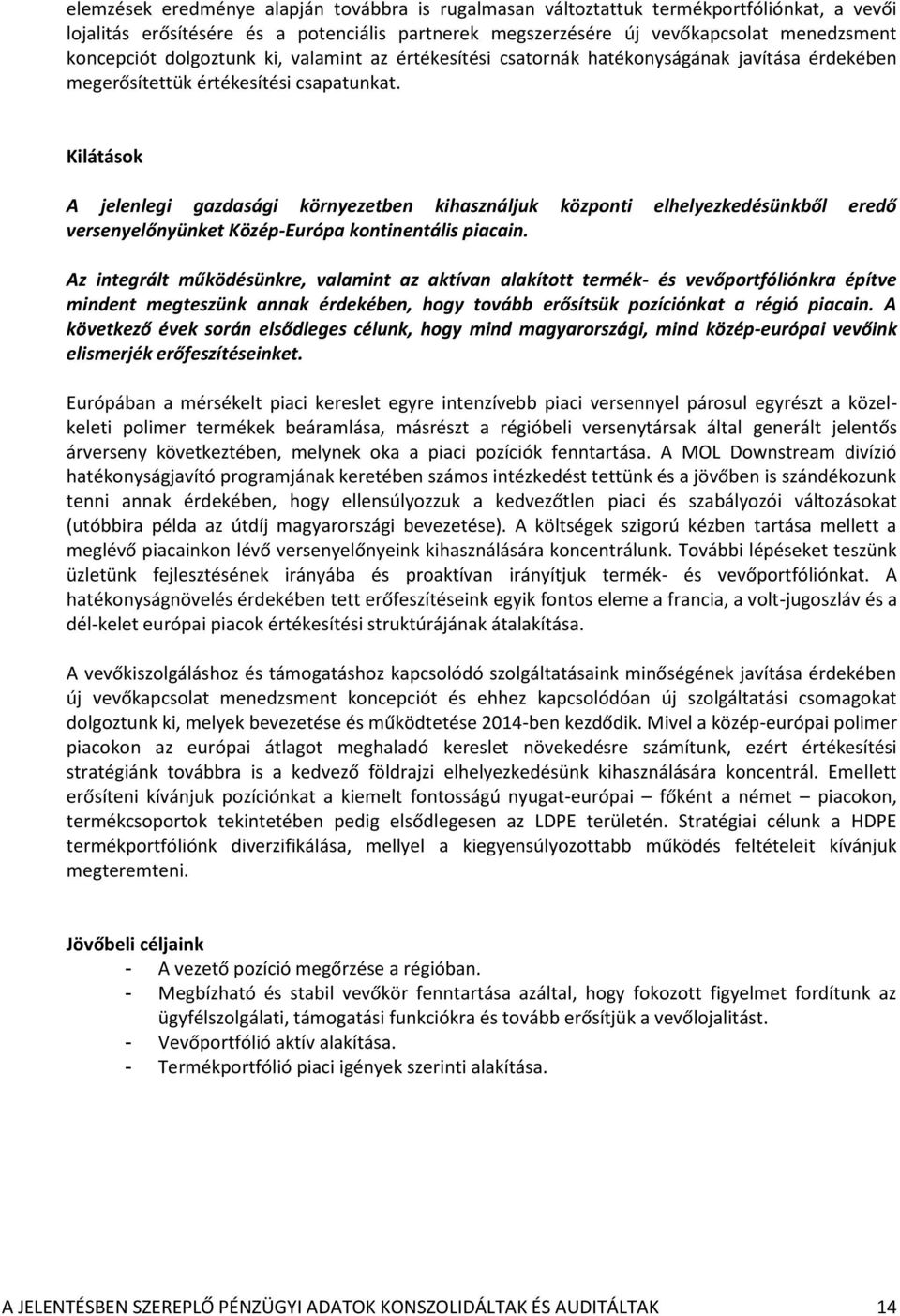 Kilátások A jelenlegi gazdasági környezetben kihasználjuk központi elhelyezkedésünkből eredő versenyelőnyünket Közép-Európa kontinentális piacain.