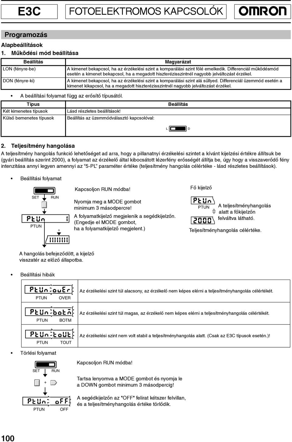 Differenciál mûködésmód esetén a kimenet bekapcsol, ha a megadott hiszterézisnél nagyobb jelváltozást érzékel. A kimenet bekapcsol, ha az érzékelési a komparálási alá sûllyed.