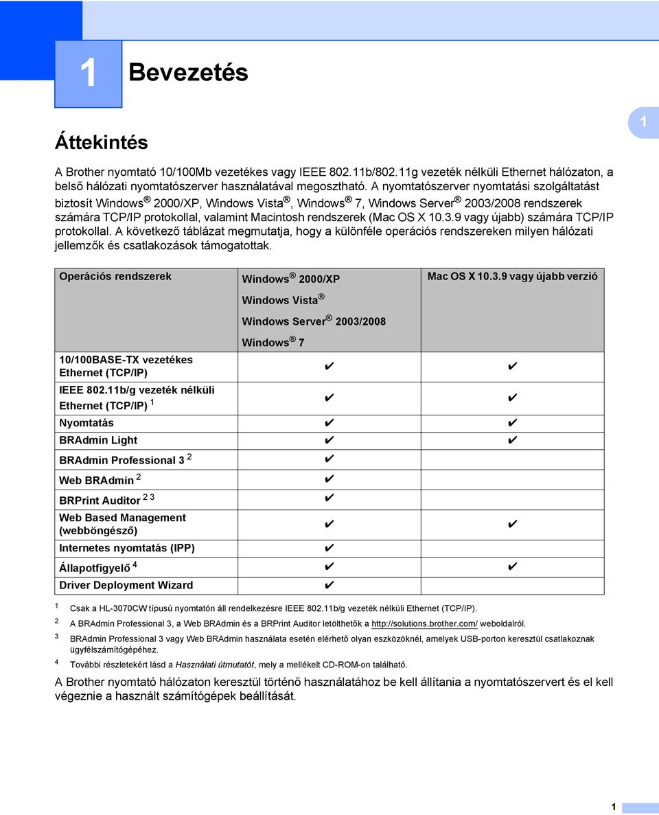 10.3.9 vagy újabb) számára TCP/IP protokollal. A következő táblázat megmutatja, hogy a különféle operációs rendszereken milyen hálózati jellemzők és csatlakozások támogatottak.