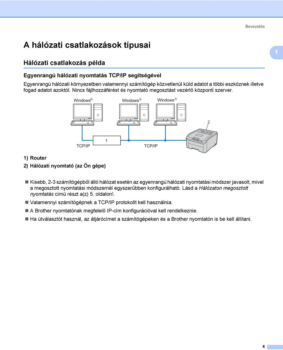 Windows R Windows R Windows R 2 TCP/IP 1 TCP/IP 1) Router 2) Hálózati nyomtató (az Ön gépe) Kisebb, 2-3 számítógépből álló hálózat esetén az egyenrangú hálózati nyomtatási módszer javasolt, mivel a