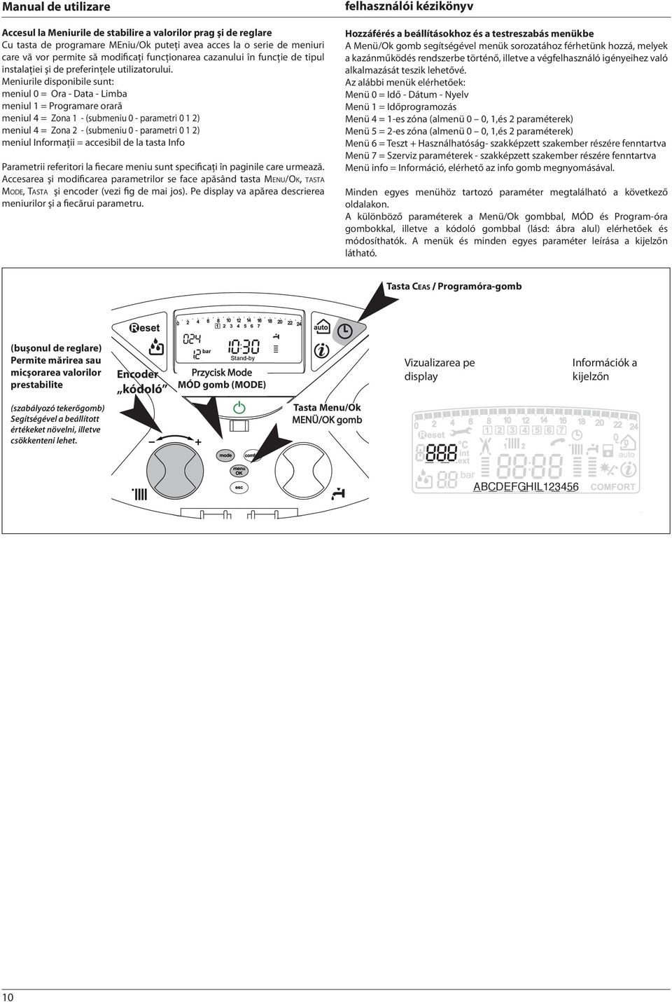 Meniurile disponibile sunt: meniul 0 = Ora - Data - Limba meniul 1 = Programare orară meniul 4 = Zona 1 - (submeniu 0 - parametri 0 1 2) meniul 4 = Zona 2 - (submeniu 0 - parametri 0 1 2) meniul