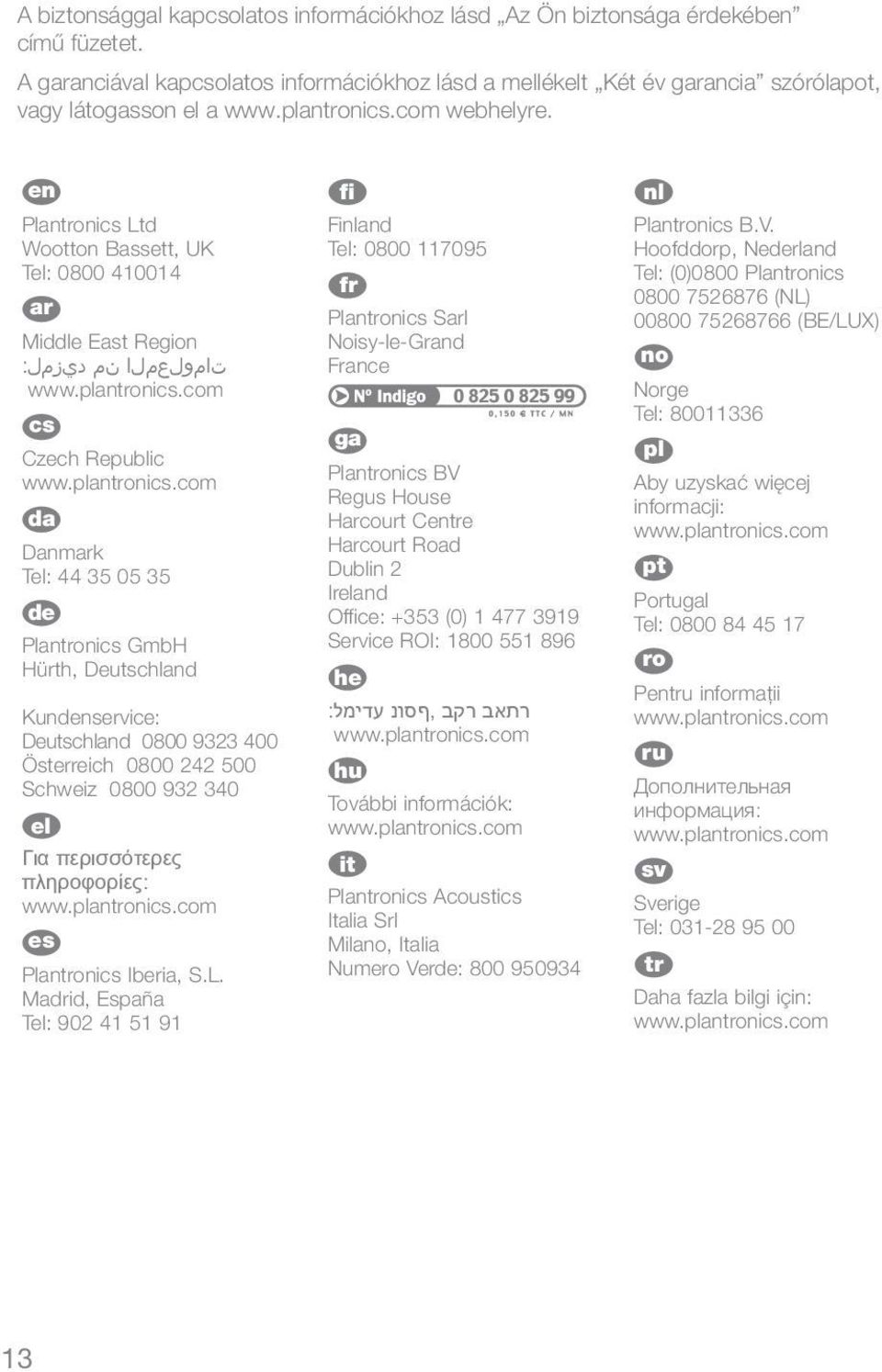 en Plantronics Ltd Wootton Bassett, UK Tel: 0800 410014 ar Middle East Region تامولعملا نم ديزمل: cs Czech Republic da Danmark Tel: 44 35 05 35 de Plantronics GmbH Hürth, Deutschland Kundenservice: