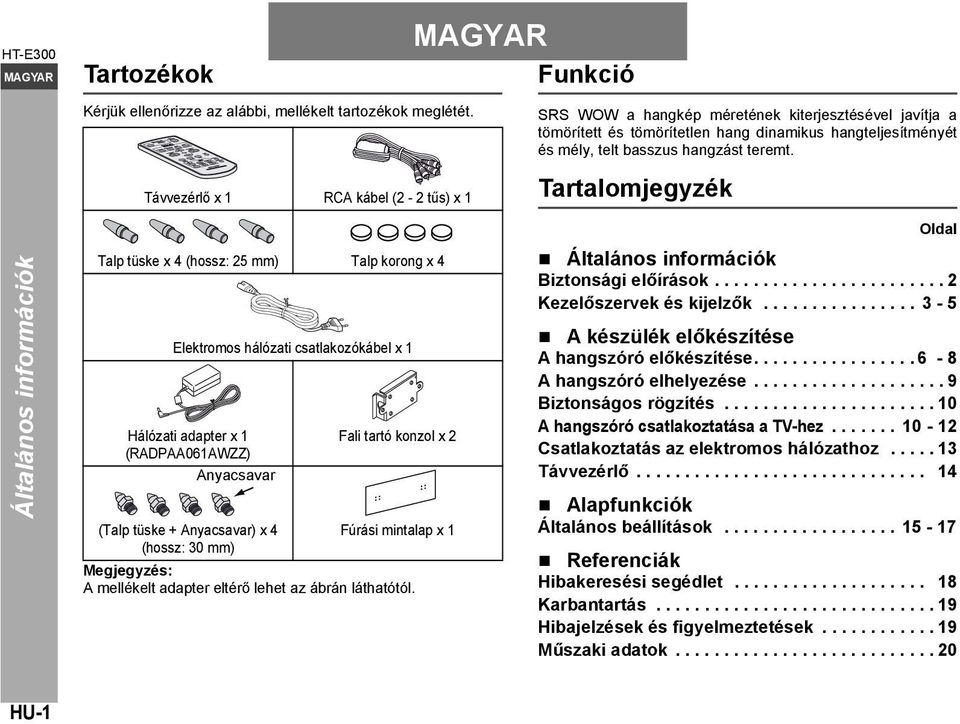 Tartalomjegyzék Oldal Általános információk Talp tüske x 4 (hossz: 25 mm) Talp korong x 4 Elektromos hálózati csatlakozókábel x 1 Hálózati adapter x 1 (RADPAA061AWZZ) Anyacsavar (Talp tüske +