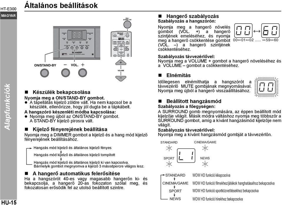 Kijelző fényerejének beállítása Nyomja meg a DIMMER gombot a kijelző és a hang mód kijelző fényerejének beállításához.