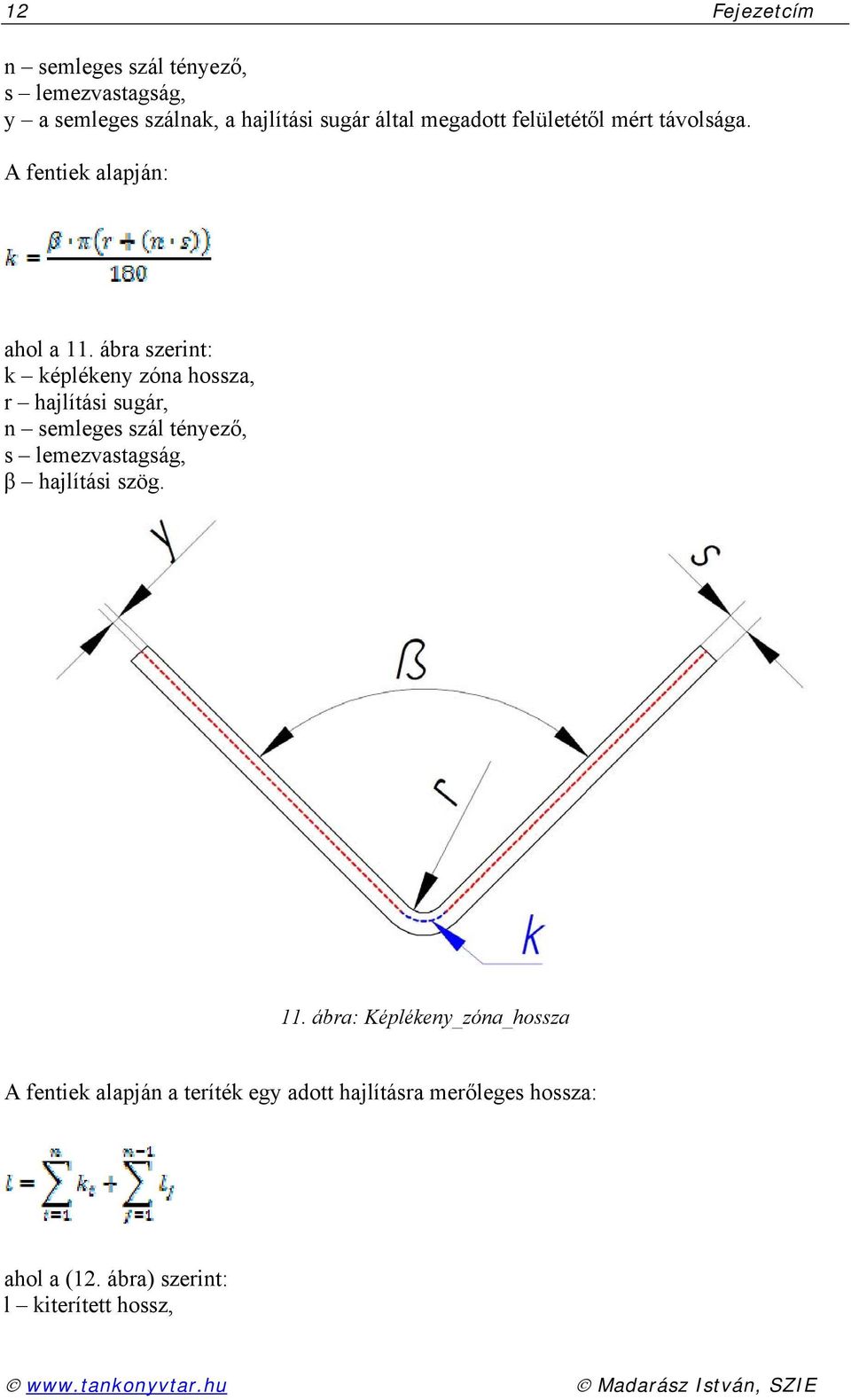 ábra szerint: k képlékeny zóna hossza, r hajlítási sugár, n semleges szál tényező, s lemezvastagság, β hajlítási szög.