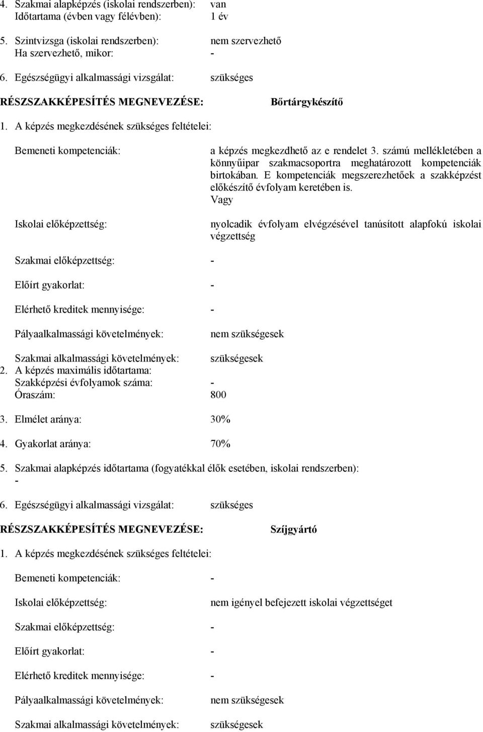 A képzés megkezdésének szükséges feltételei: Bemeneti kompetenciák: Iskolai előképzettség: a képzés megkezdhető az e rendelet 3.