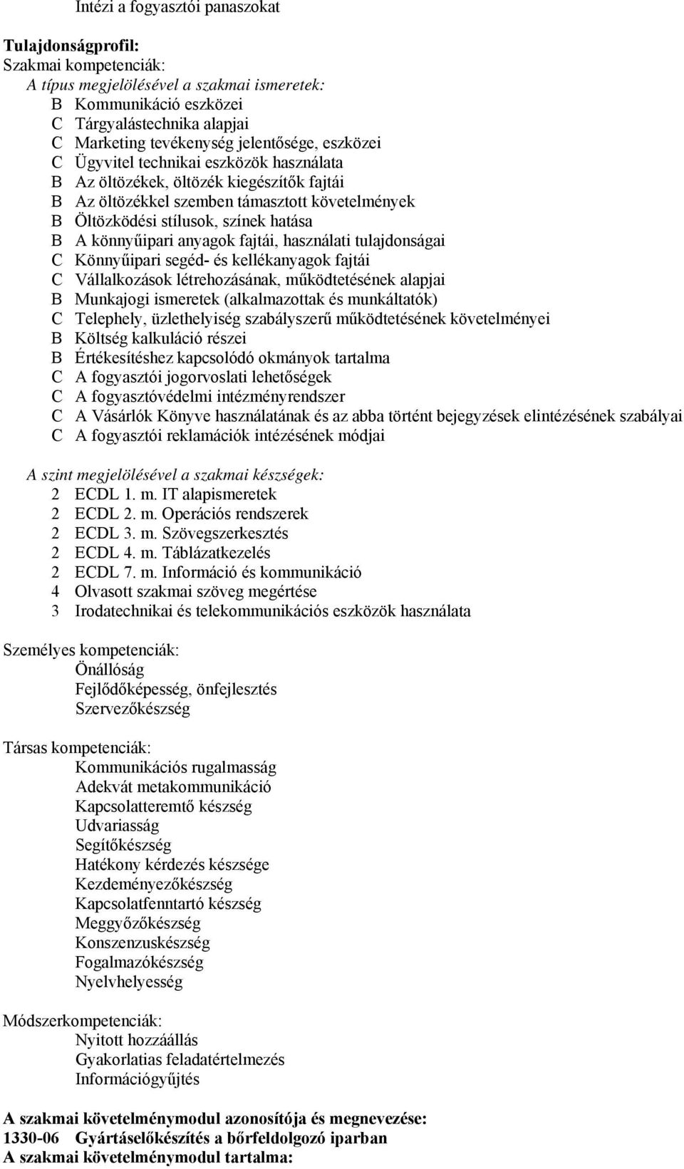 könnyűipari anyagok fajtái, használati tulajdonságai C Könnyűipari segéd- és kellékanyagok fajtái C Vállalkozások létrehozásának, működtetésének alapjai B Munkajogi ismeretek (alkalmazottak és