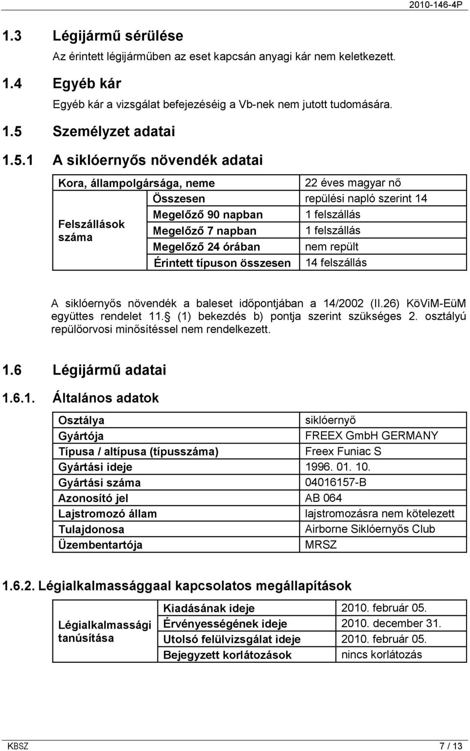 1 A siklóernyős növendék adatai Kora, állampolgársága, neme 22 éves magyar nő Összesen repülési napló szerint 14 Megelőző 90 napban 1 felszállás Felszállások Megelőző 7 napban 1 felszállás száma