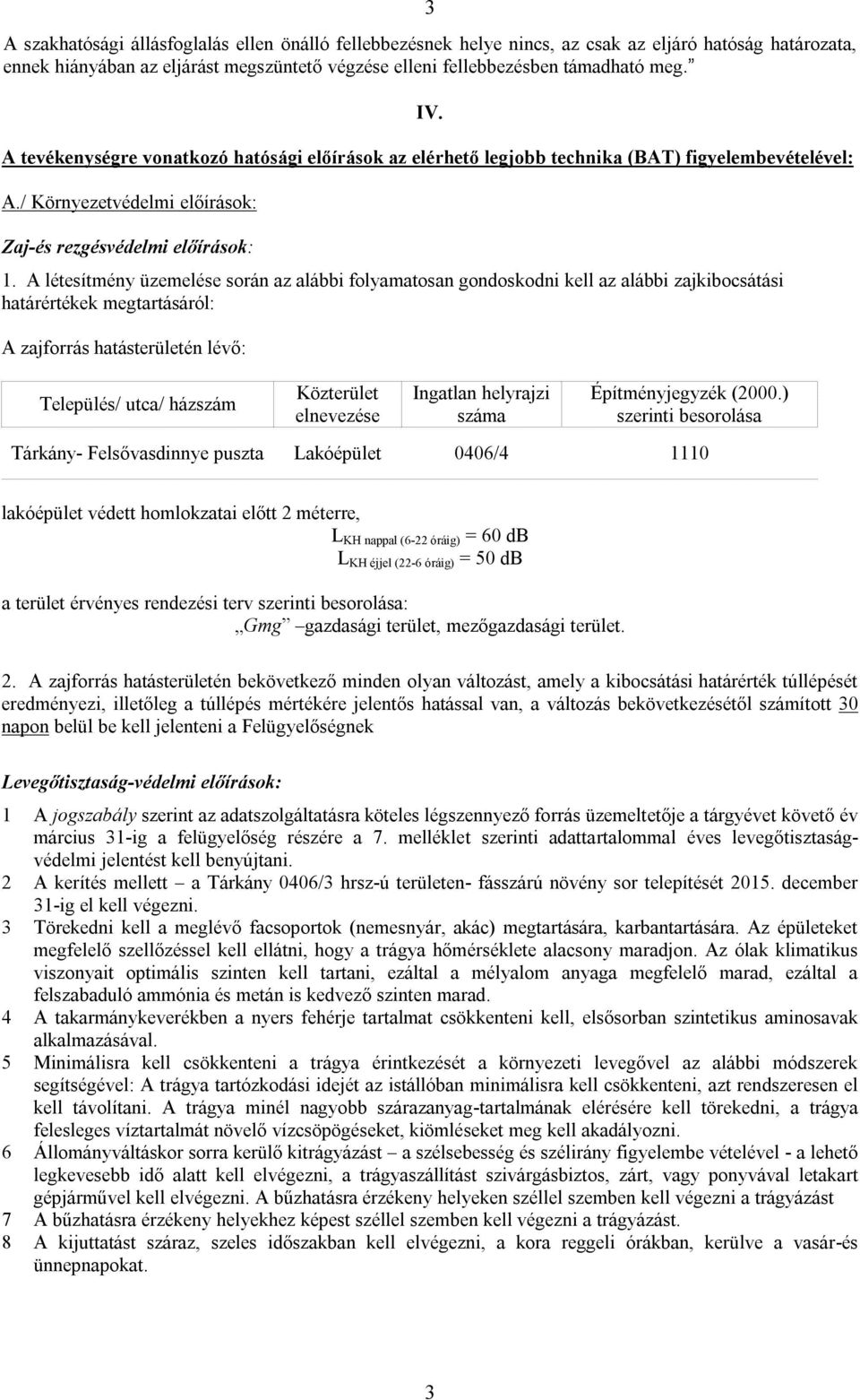 A létesítmény üzemelése során az alábbi folyamatosan gondoskodni kell az alábbi zajkibocsátási határértékek megtartásáról: A zajforrás hatásterületén lévő: Település/ utca/ házszám Közterület