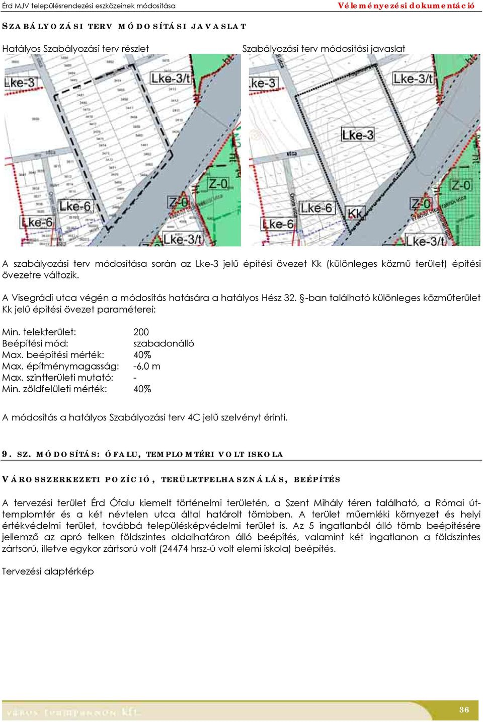 beépíési mérék: 40% Max. épíménymagasság: -6,0 m Max. szinerülei muaó: - Min. zöldfelülei mérék: 40% A módosíás a haályos Szabályozási erv 4C jelű szelvény érini.. SZ.