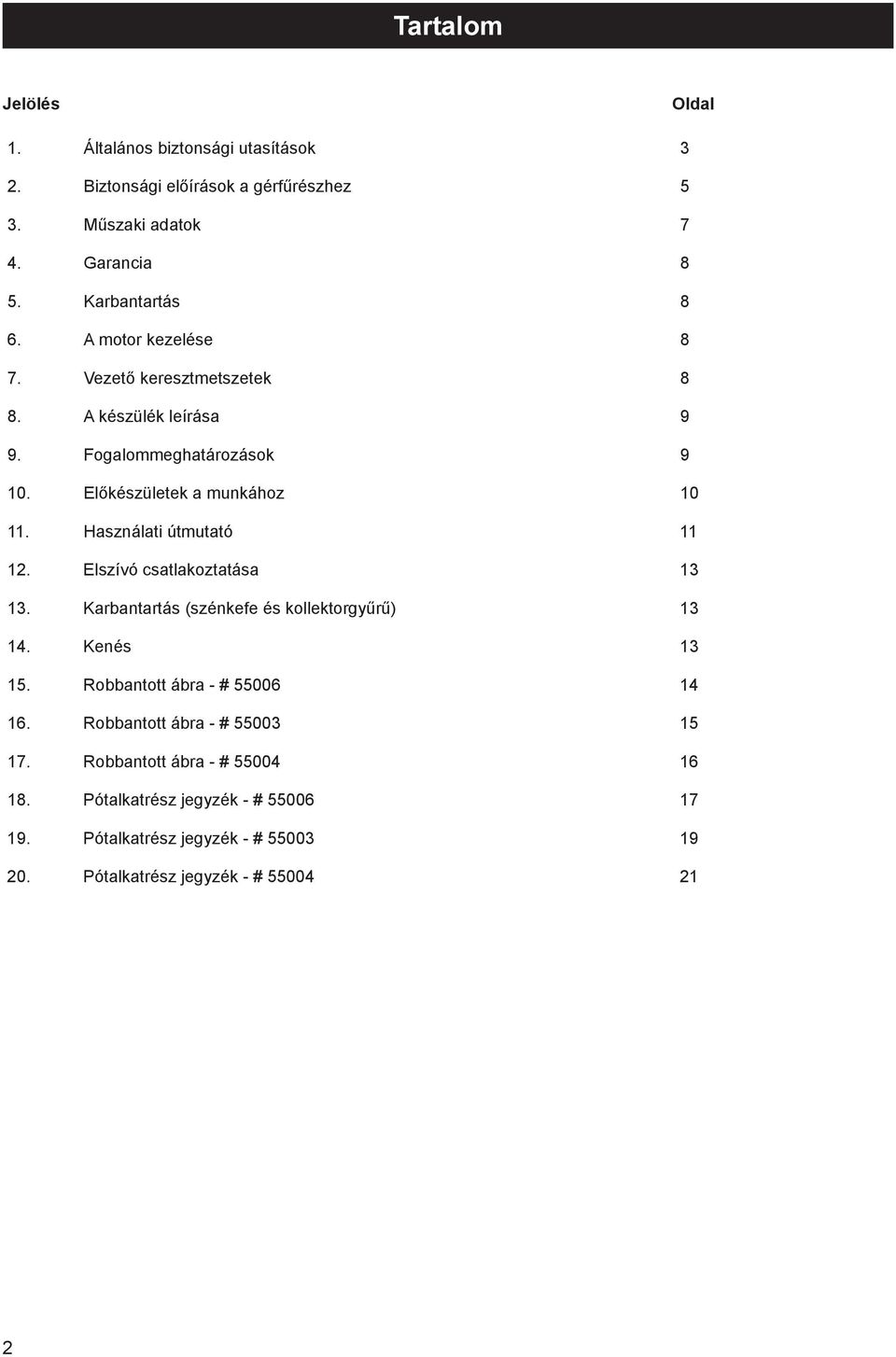 Használati útmutató 11 12. Elszívó csatlakoztatása 13 13. Karbantartás (szénkefe és kollektorgyűrű) 13 14. Kenés 13 15. Robbantott ábra - # 55006 14 16.