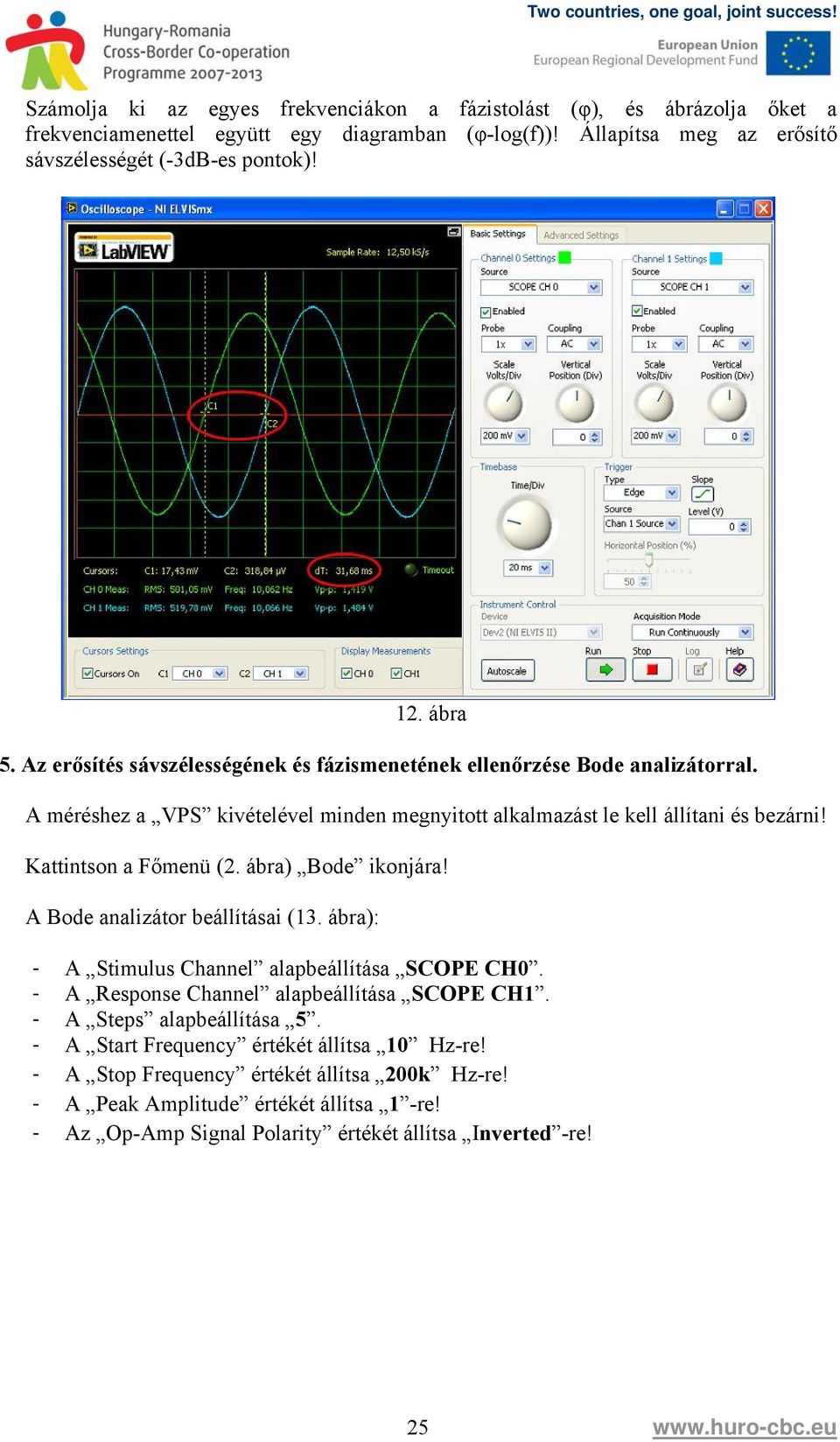 Kattintson a Főmenü (2. ábra) Bode ikonjára! A Bode analizátor beállításai (13. ábra): - A Stimulus Channel alapbeállítása SCOPE CH0. - A Response Channel alapbeállítása SCOPE CH1.