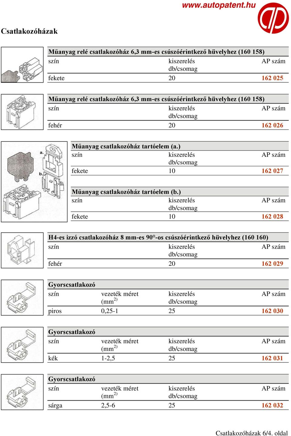 ) fekete 10 162 028 H4-es izzó csatlakozóház 8 mm-es 90 -os csúszóérintkező hüvelyhez (160 160) fehér 20 162 029 Gyorscsatlakozó szín vezeték méret kiszerelés AP