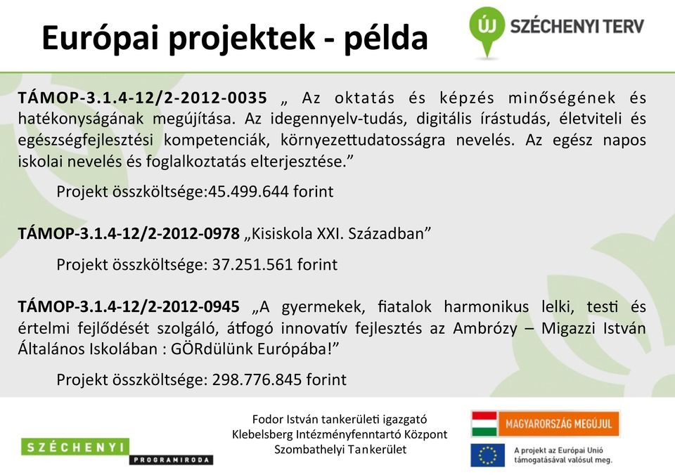 Az egész napos iskolai nevelés és foglalkoztatás elterjesztése. Projekt összköltsége:45.499.644 forint TÁMOP3.1.412/220120978 Kisiskola XXI.