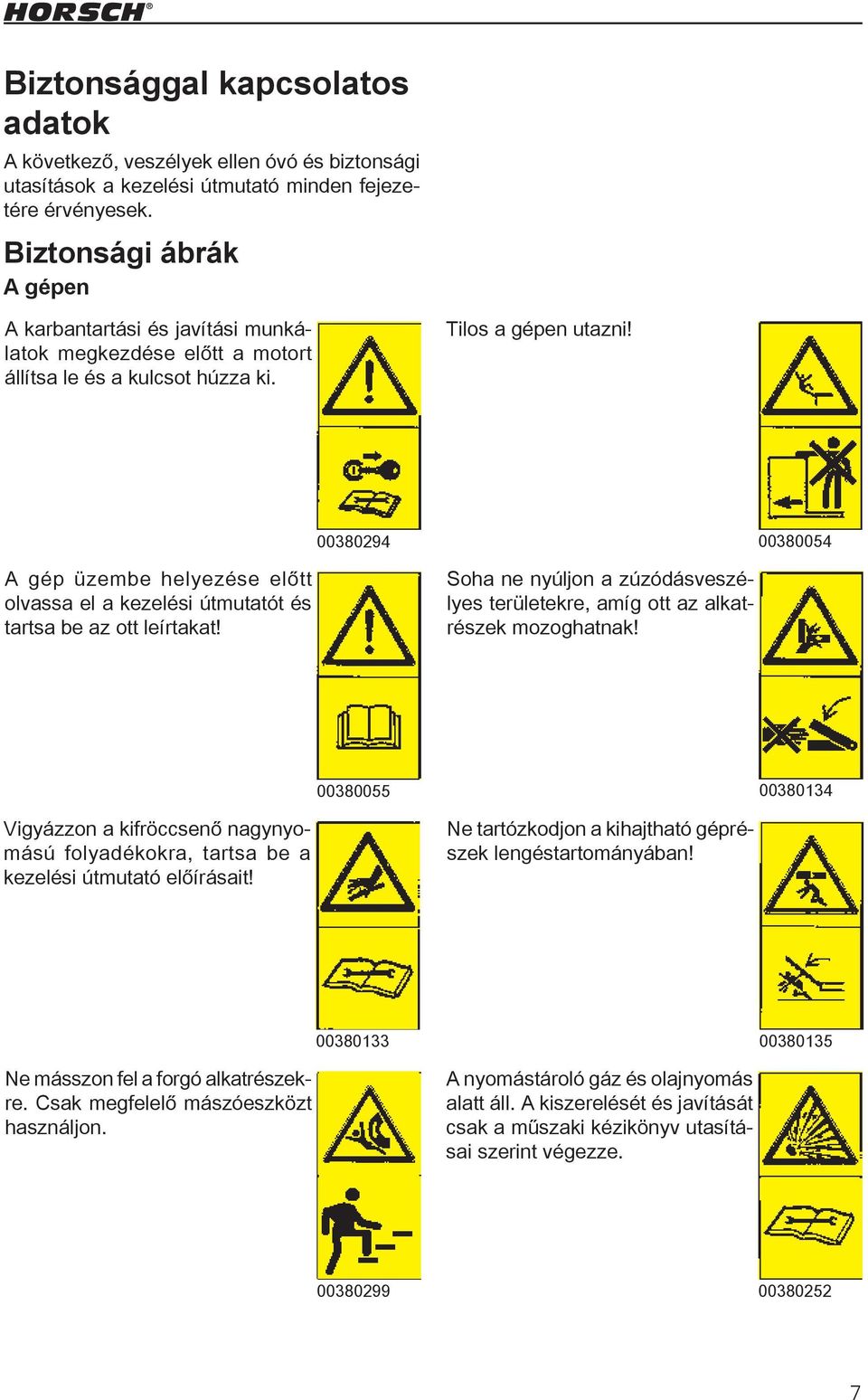 00380294 00380054 A gép üzembe helyezése előtt olvassa el a kezelési útmutatót és tartsa be az ott leírtakat! Soha ne nyúljon a zúzódásveszélyes területekre, amíg ott az alkatrészek mozoghatnak!