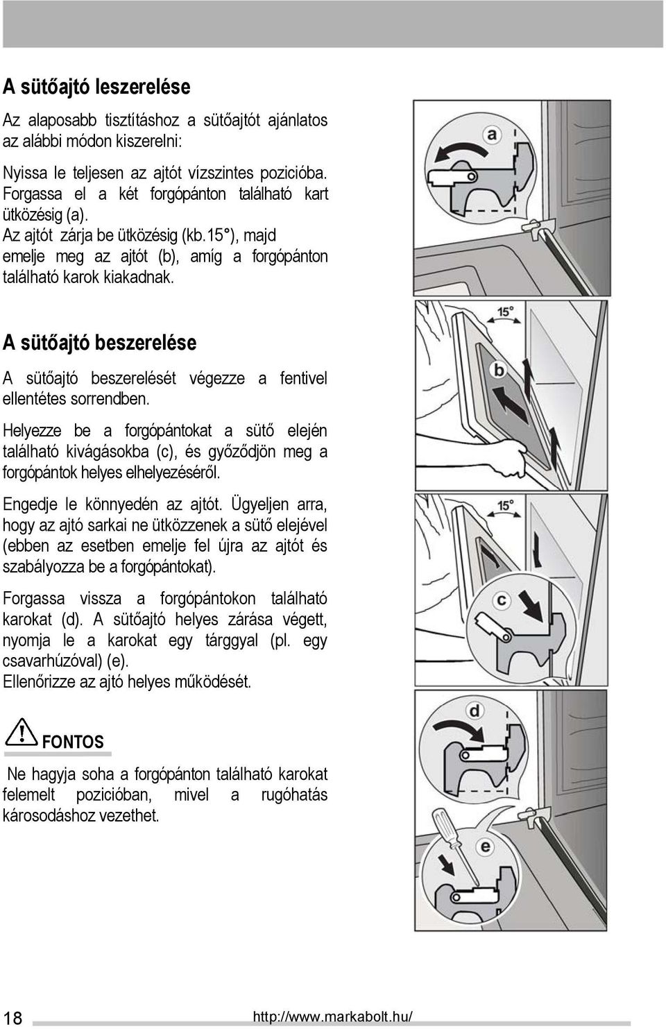 A sütőajtó beszerelése A sütőajtó beszerelését végezze a fentivel ellentétes sorrendben.