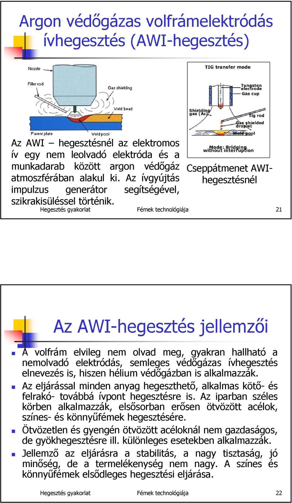 Cseppátmenet AWIhegesztésnél Hegesztés gyakorlat Fémek technológiája 21 Az AWI-hegesztés jellemzői A volfrám elvileg nem olvad meg, gyakran hallható a nemolvadó elektródás, semleges védőgázas