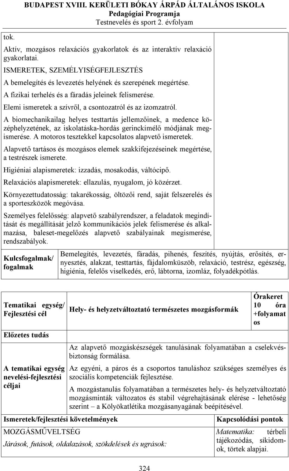 A biomechanikailag helyes testtartás jellemzőinek, a medence középhelyzetének, az iskolatáska-hordás gerinckímélő módjának megismerése. A motoros tesztekkel kapcsolatos alapvető ismeretek.