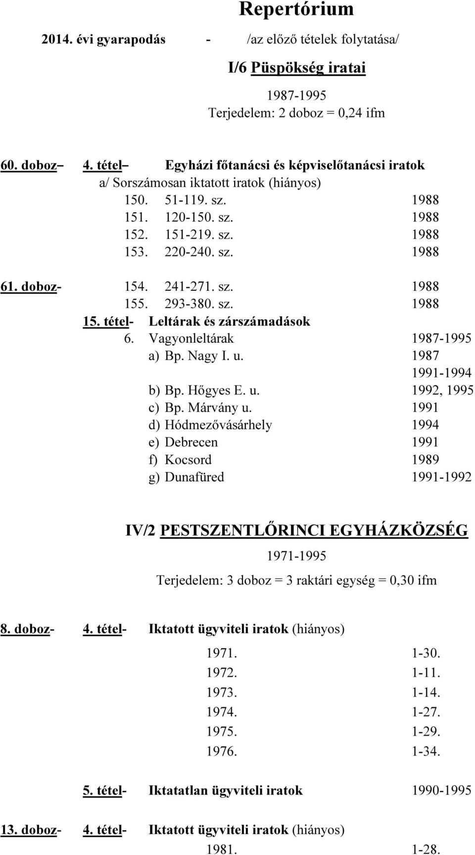 241-271. sz. 1988 155. 293-380. sz. 1988 15. tétel- Leltárak és zárszámadások 6. Vagyonleltárak 1987-1995 a) Bp. Nagy I. u. 1987 1991-1994 b) Bp. Hőgyes E. u. 1992, 1995 c) Bp. Márvány u.