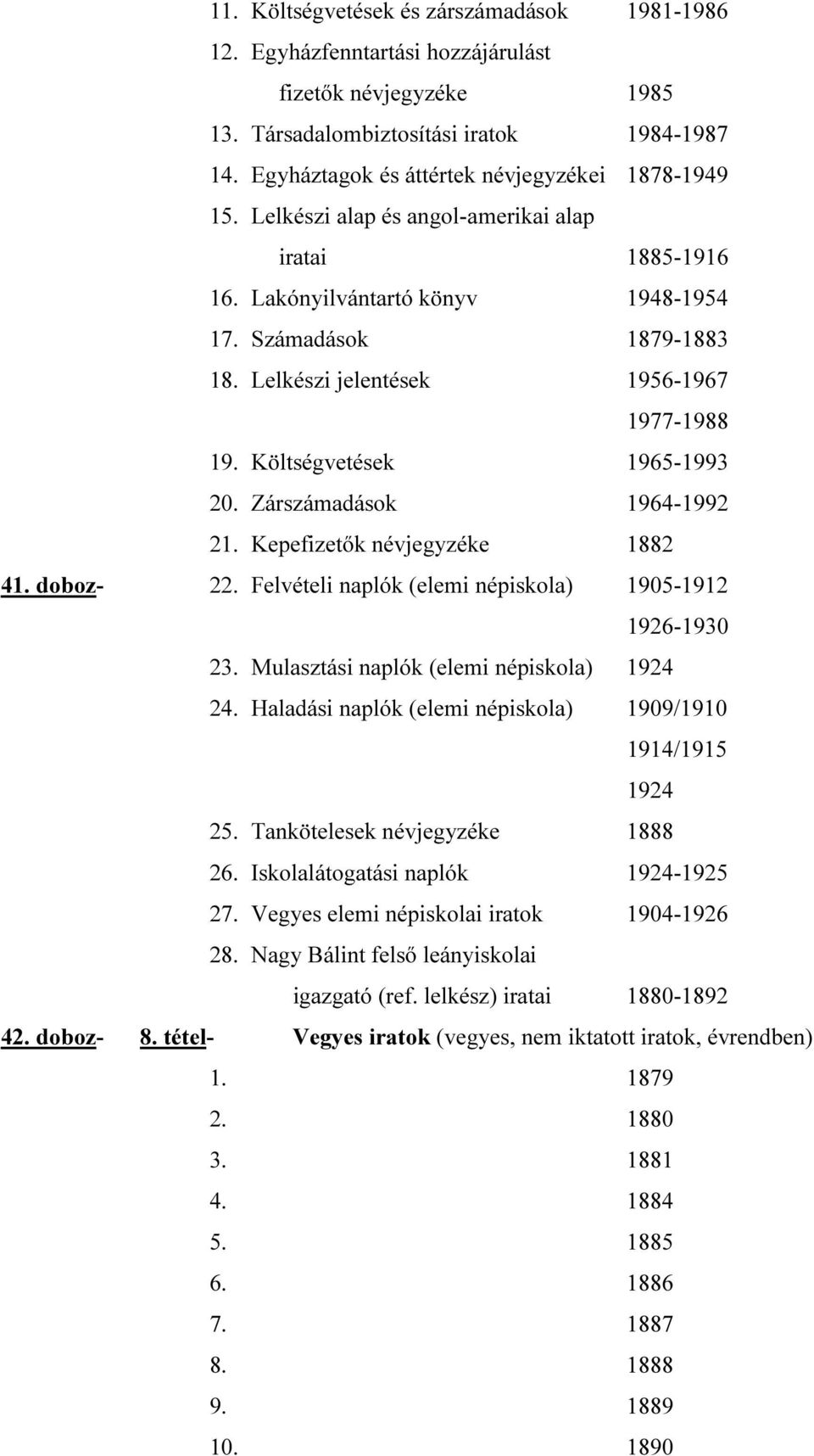 Lelkészi jelentések 1956-1967 1977-1988 19. Költségvetések 1965-1993 20. Zárszámadások 1964-1992 21. Kepefizetők névjegyzéke 1882 41. doboz- 22.