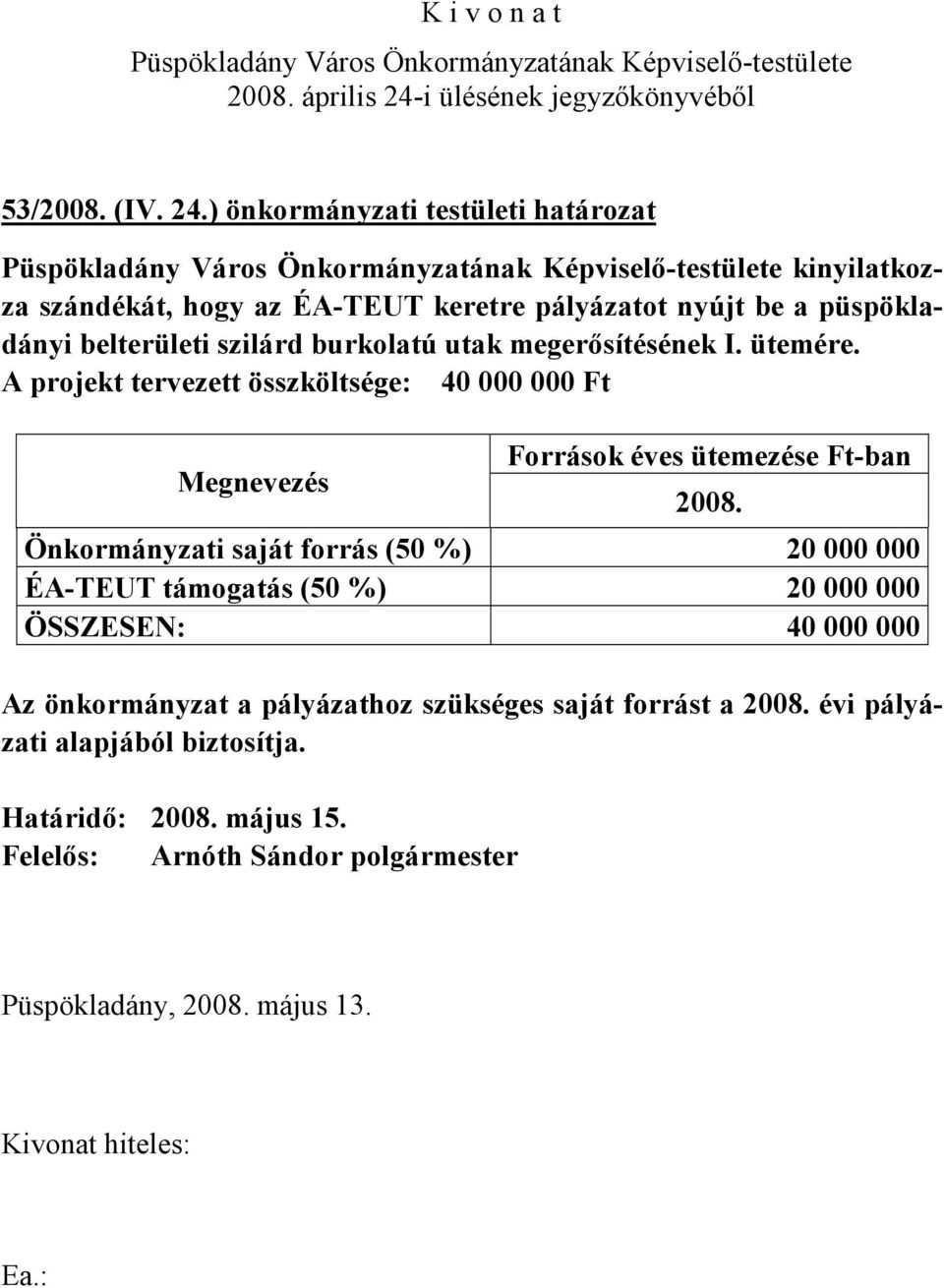 szilárd burkolatú utak megerősítésének I. ütemére.