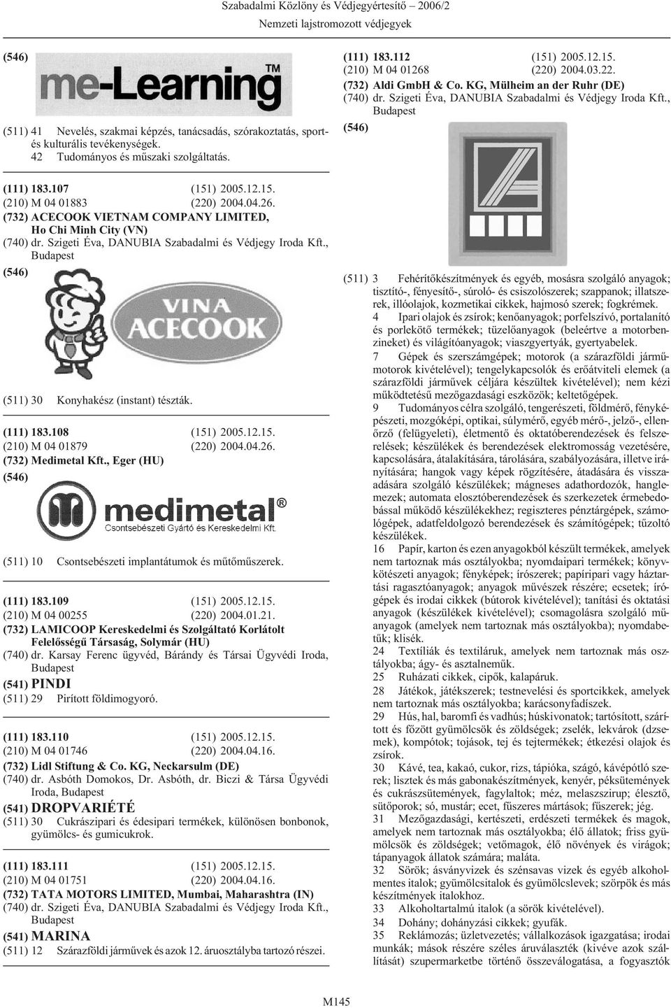 ) 2005.12.15. (210) M 04 01879 (220) 2004.04.26. (732) Medimetal Kft., Eger (HU) (511) 10 Csontsebészeti implantátumok és mûtõmûszerek. (111) 183.109 (151) 2005.12.15. (210) M 04 00255 (220) 2004.01.21. (732) LAMICOOP Kereskedelmi és Szolgáltató Korlátolt Felelõsségû Társaság, Solymár (HU) (740) dr.
