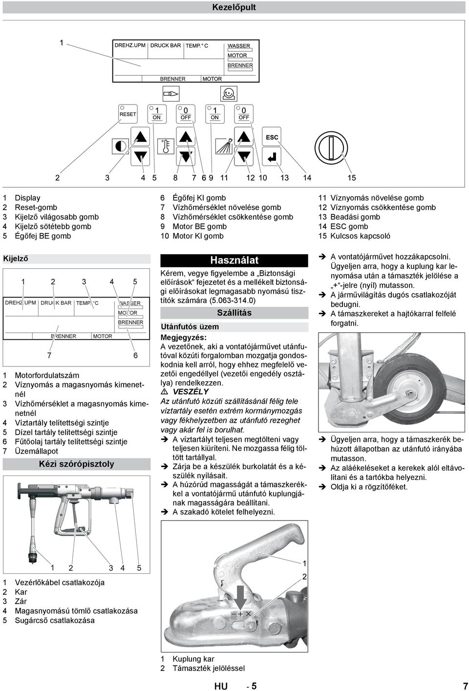 telítettségi szintje 6 Fűtőolaj tartály telítettségi szintje 7 Üzemállapot Kézi szórópisztoly 6 6 Égőfej KI gomb 7 Vízhőmérséklet növelése gomb 8 Vízhőmérséklet csökkentése gomb 9 Motor BE gomb 10