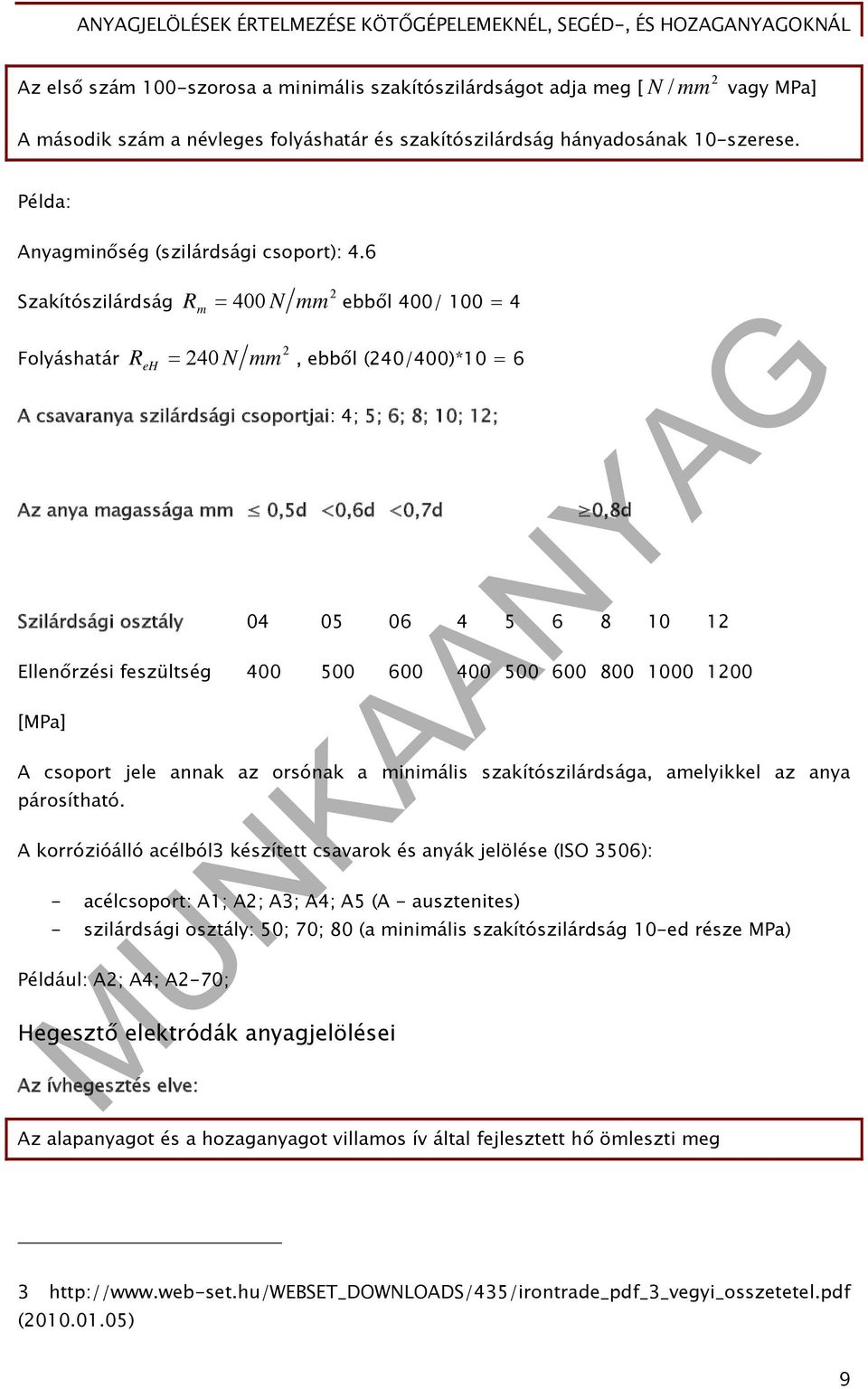 6 Szakítószilárdság Folyáshatár 2 R m 400 N mm ebből 400/ 100 = 4 2 R eh 240 N mm, ebből (240/400)*10 = 6 A csavaranya szilárdsági csoportjai: 4; 5; 6; 8; 10; 12; Az anya magassága mm 0,5d <0,6d