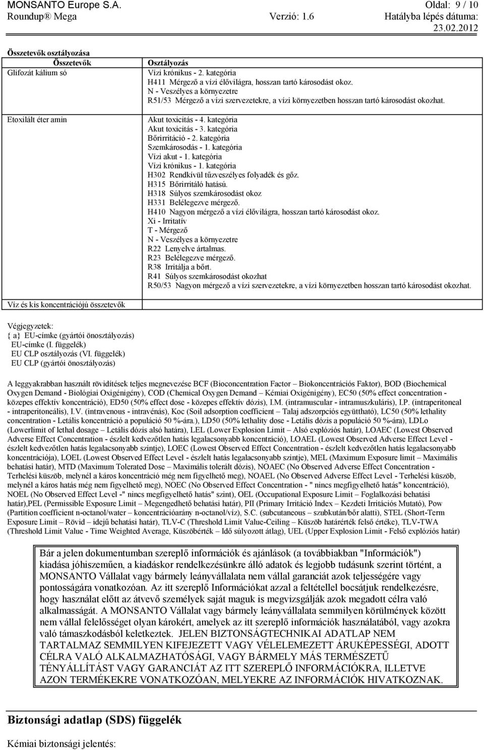 Akut toxicitás - 4. kategória Akut toxicitás - 3. kategória Bőrirritáció - 2. kategória Szemkárosodás - 1. kategória Vízi akut - 1. kategória Vízi krónikus - 1.