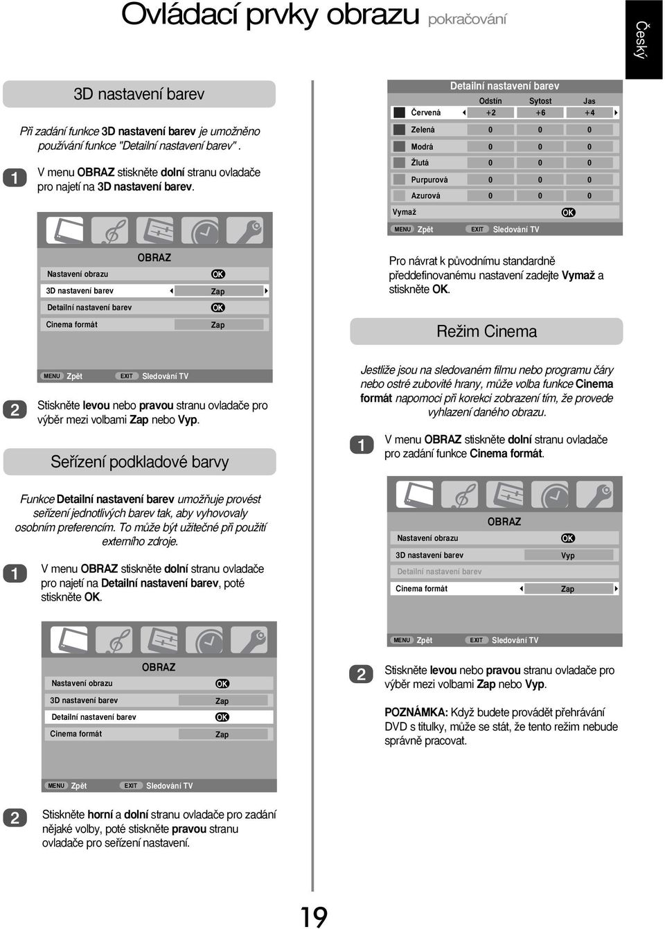 Detailní nastavení barev Odstín Sytost Jas âervená + +6 +4 Zelená 0 0 0 Modrá 0 0 0 Îlutá 0 0 0 Purpurová 0 0 0 Azurová 0 0 0 VymaÏ MENU Zpût EXIT Sledování TV OBRAZ Nastavení obrazu 3D nastavení