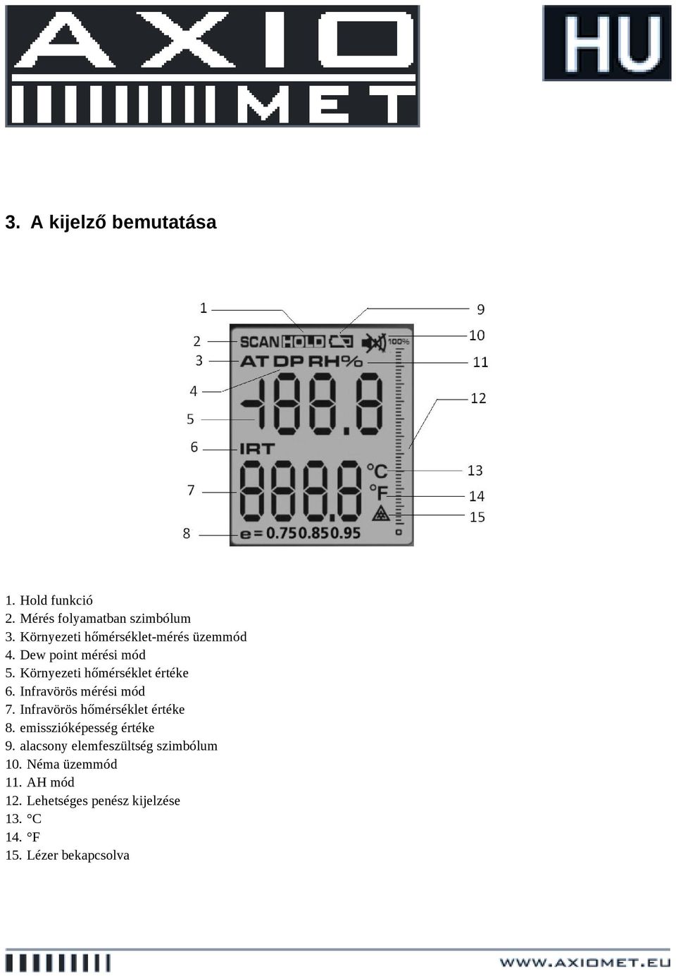 Infravörös mérési mód 7. Infravörös hőmérséklet értéke 8. emisszióképesség értéke 9.