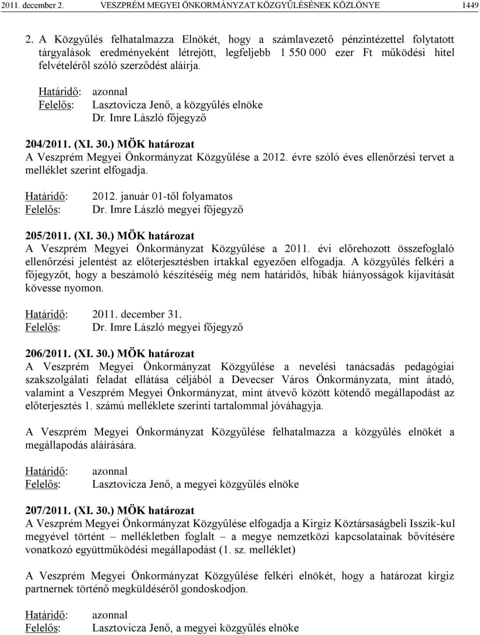 Határidő: azonnal Felelős: Lasztovicza Jenő, a közgyűlés elnöke Dr. Imre László főjegyző 204/2011. (XI. 30.) MÖK határozat A Veszprém Megyei Önkormányzat Közgyűlése a 2012.