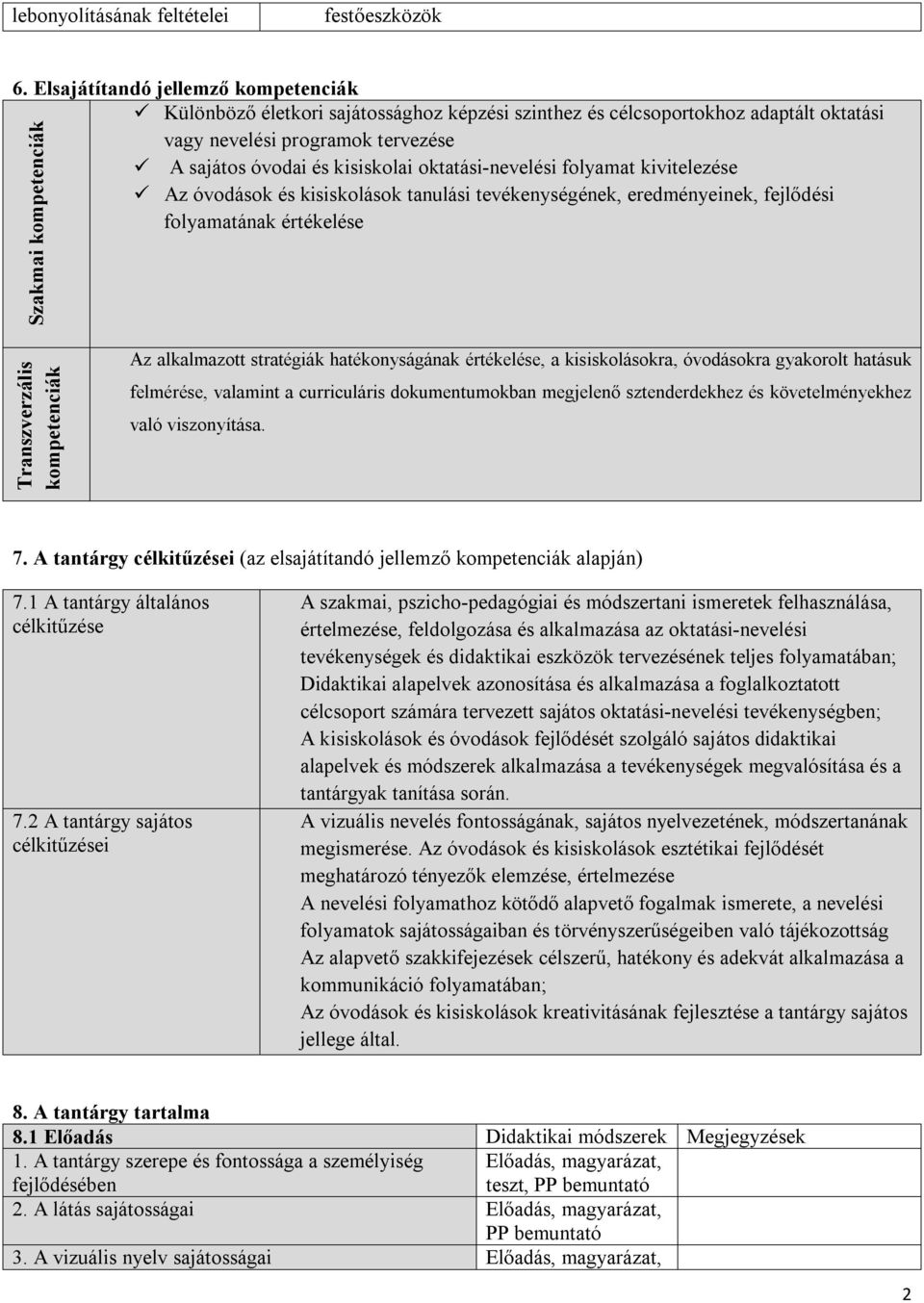 oktatási-nevelési folyamat kivitelezése Az óvodások és kisiskolások tanulási tevékenységének, eredményeinek, fejlődési folyamatának értékelése Szakmai kompetenciák Transzverzális kompetenciák Az